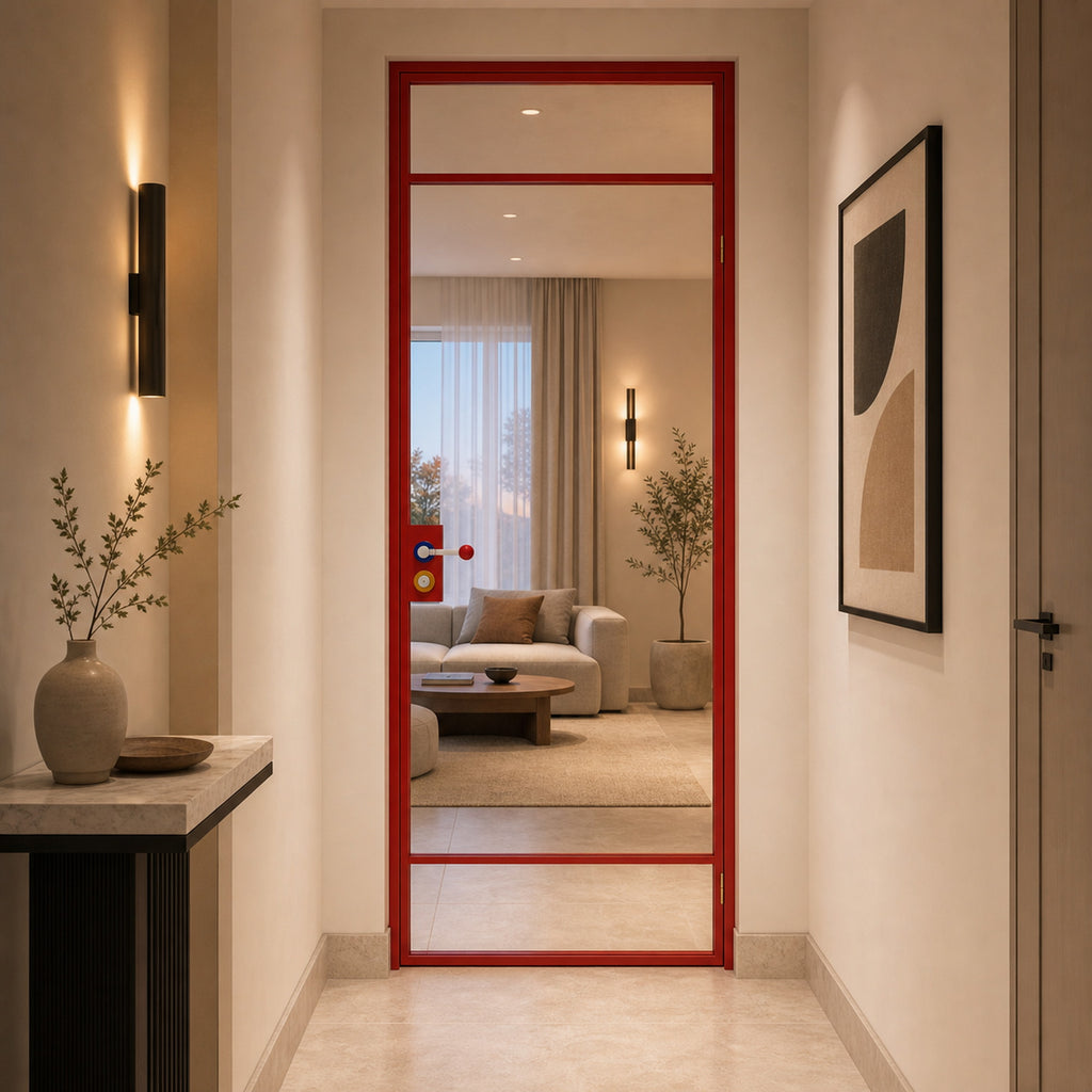 Red Minimalist Full-Glass Interior Door with Transom