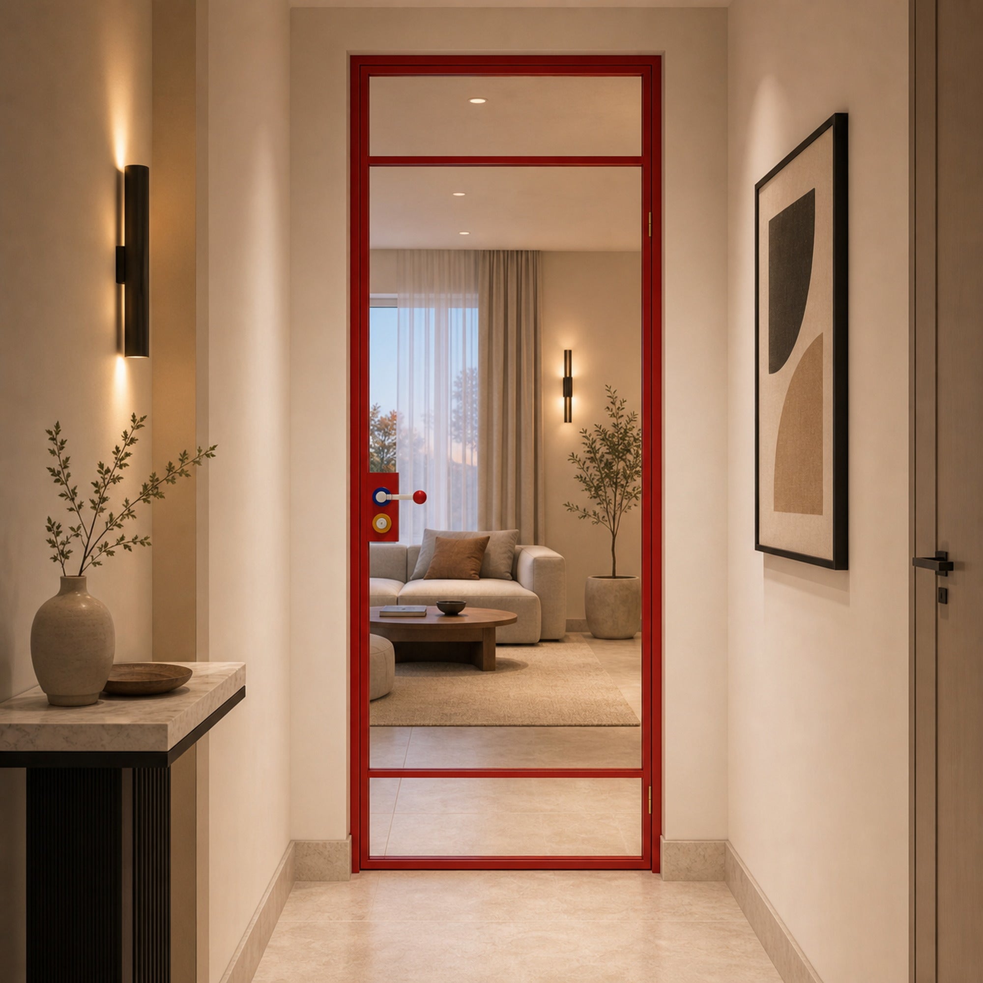 Red Minimalist Full-Glass Interior Door with Transom