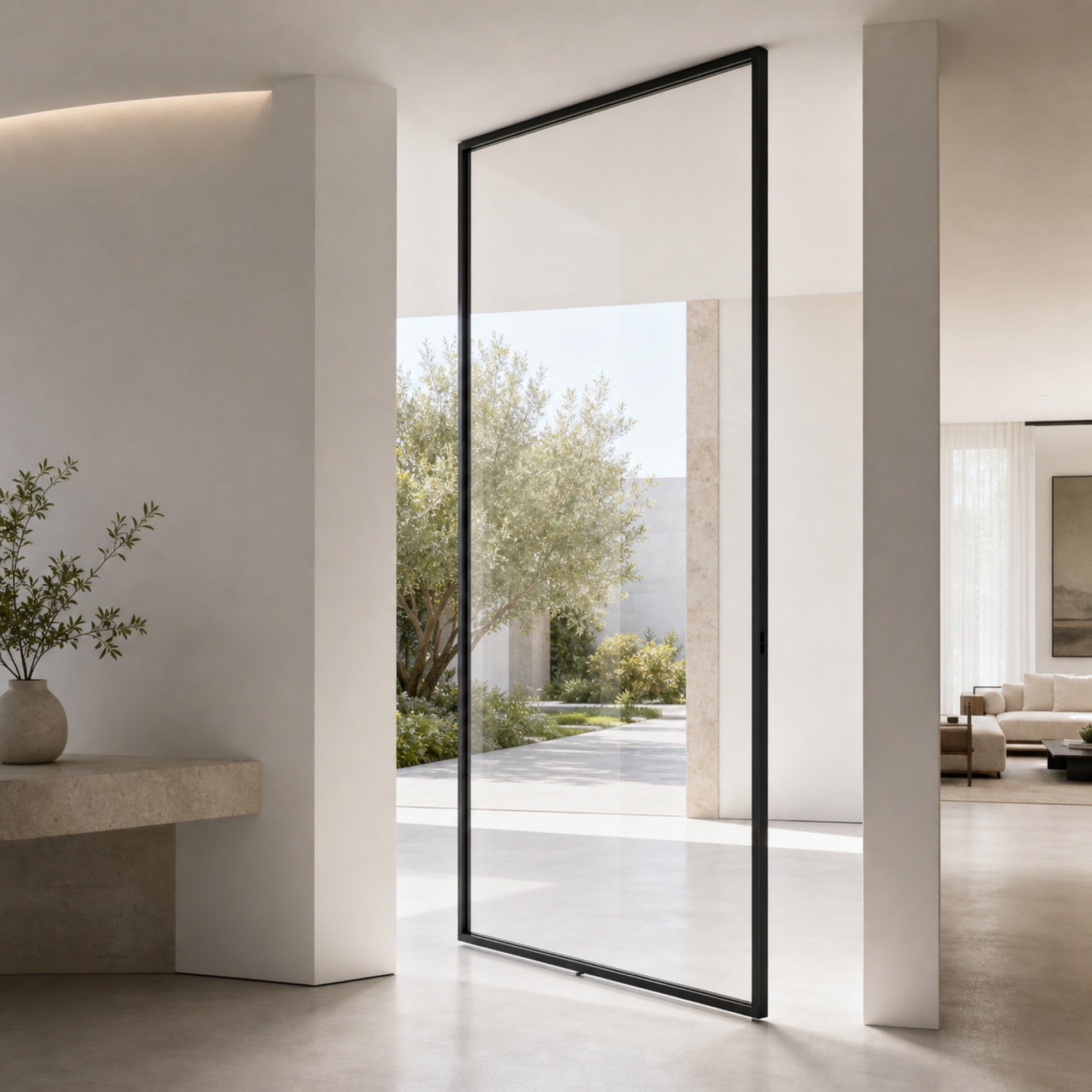 Minimalist Clear Glass Pivot Door | Graphite Aluminum Frame