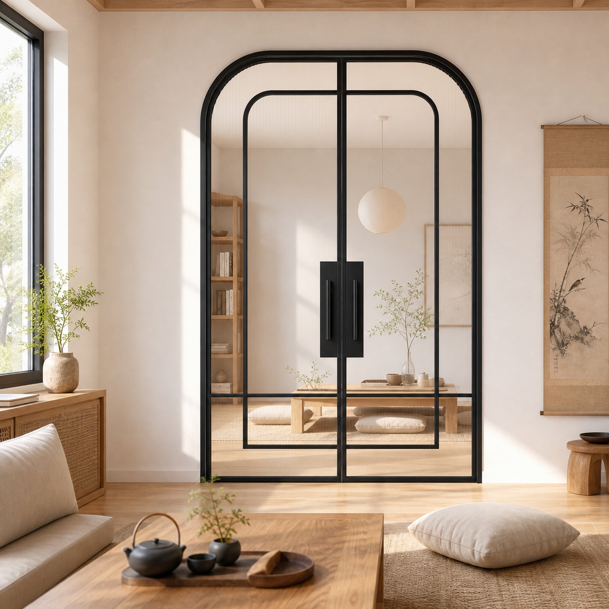 Black Layered-Arch Reeded Glass Double Door