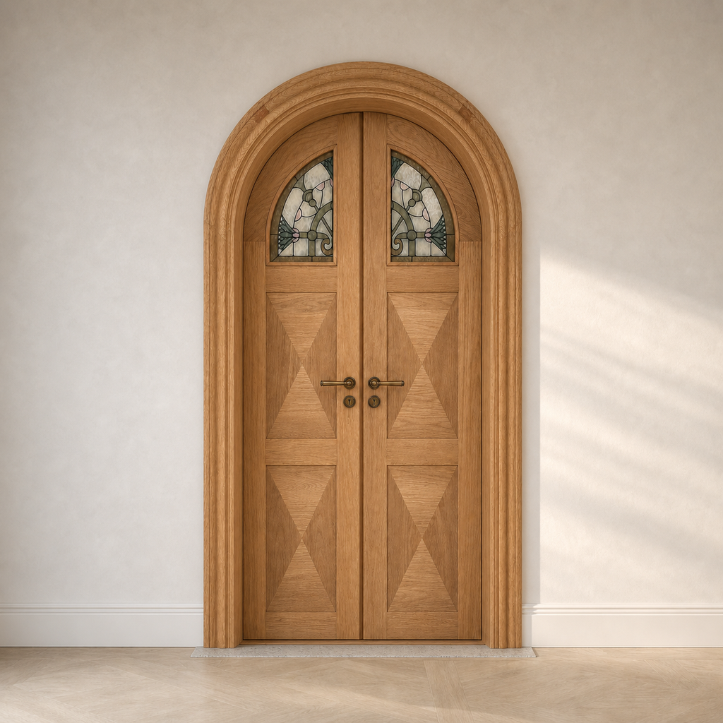 Arched Oak Veneer Stained Glass Double Door