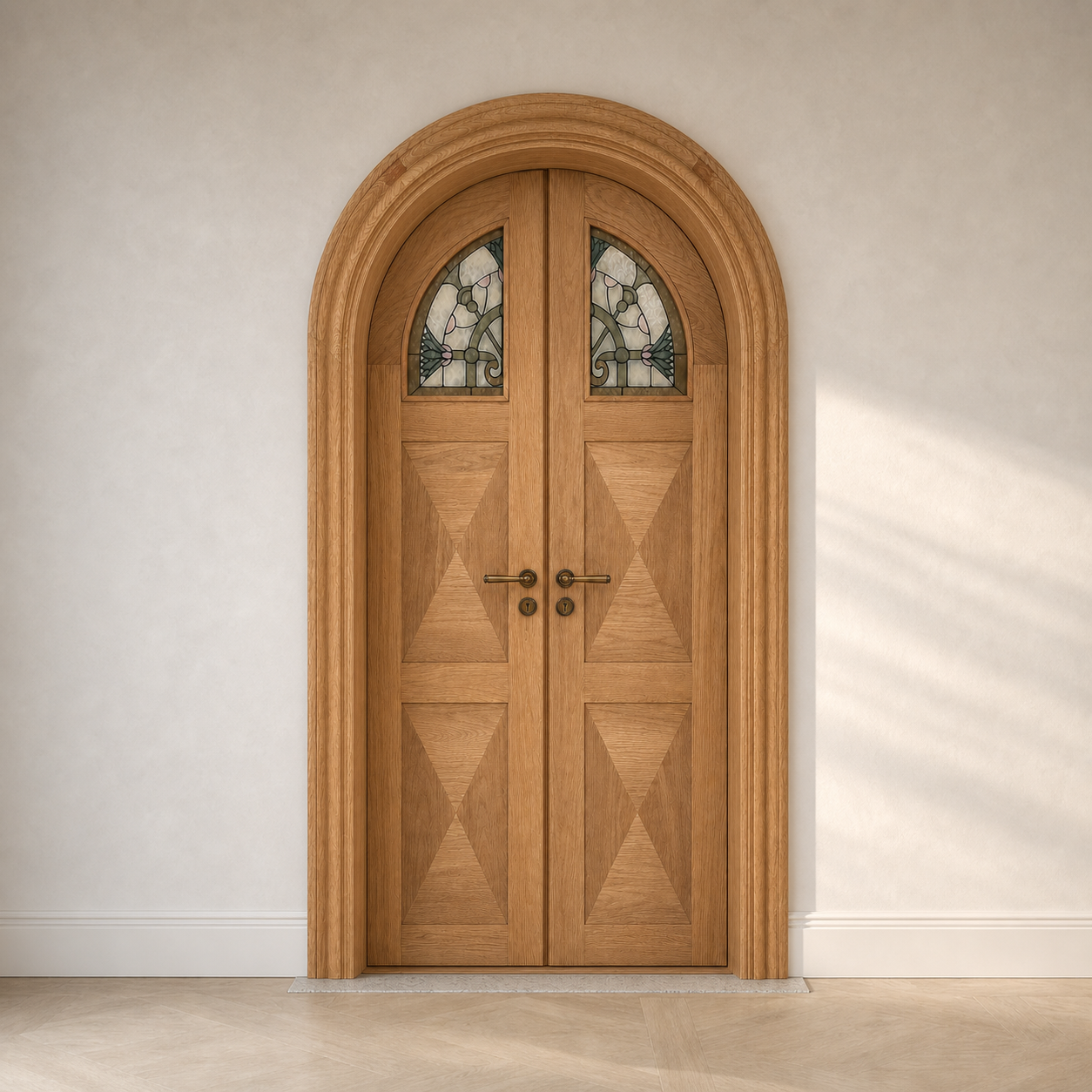 Arched Oak Veneer Stained Glass Double Door