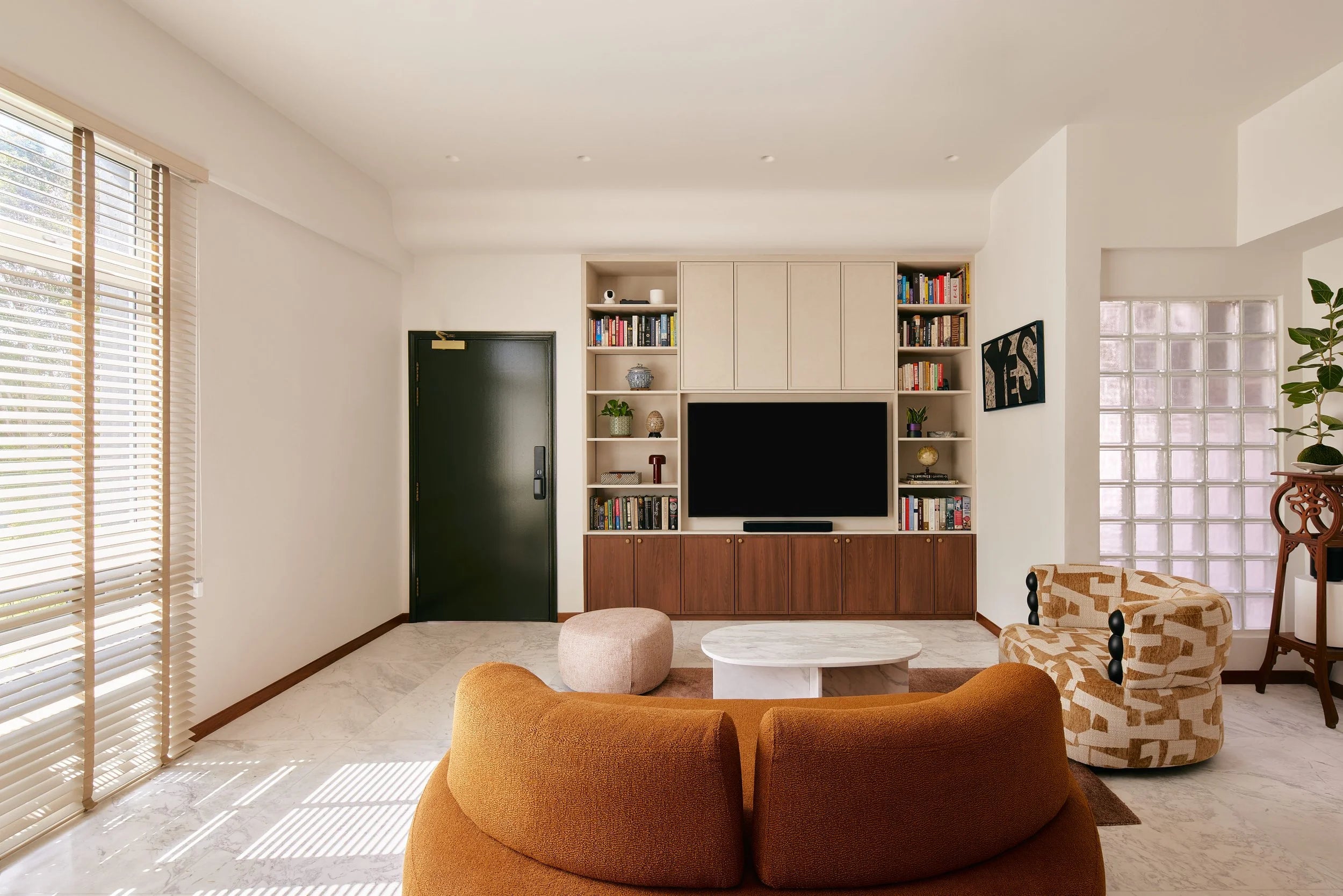 Custom Walnut & Lacquered Media Wall with Open Shelving
