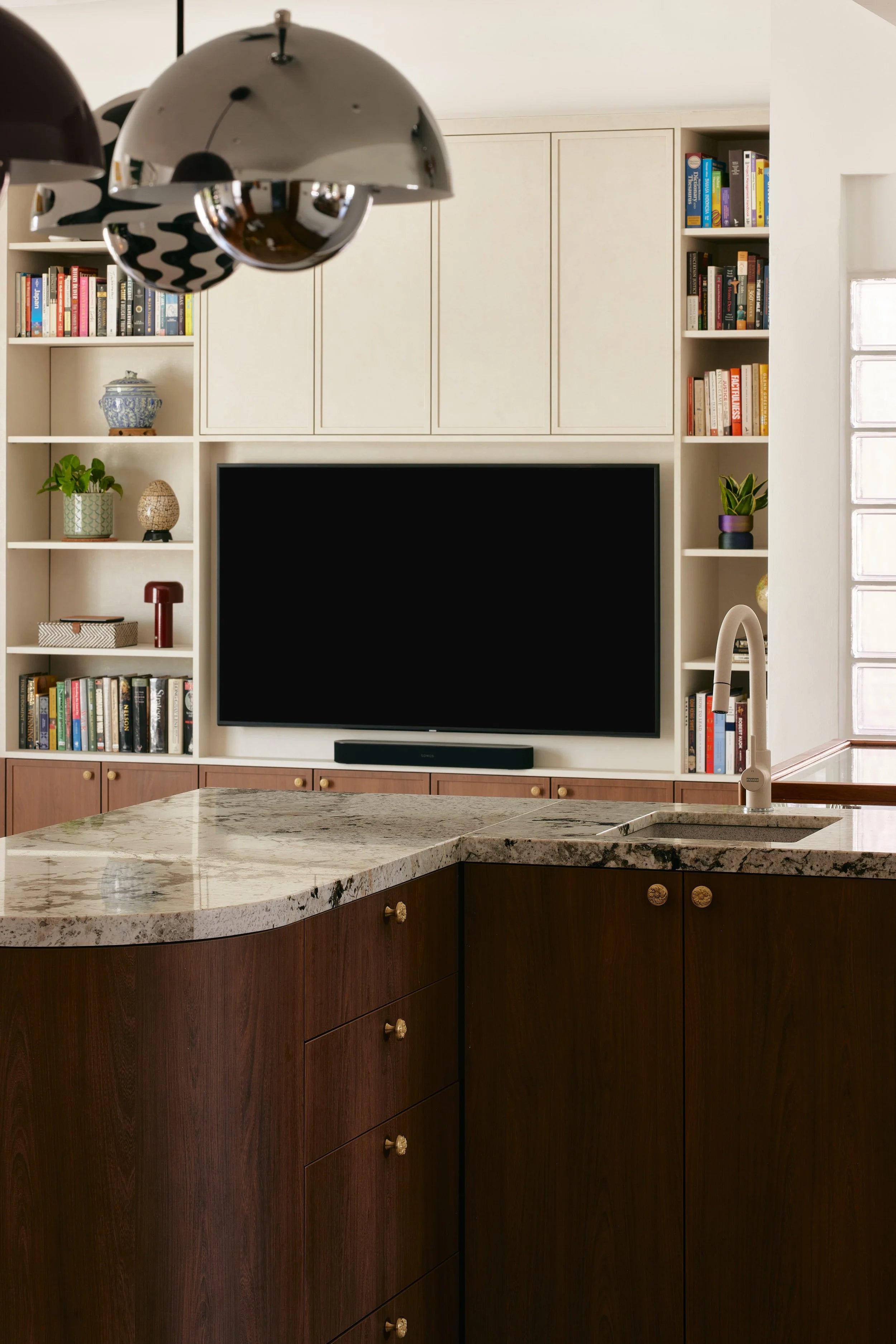 Custom Walnut & Lacquered Media Wall with Open Shelving