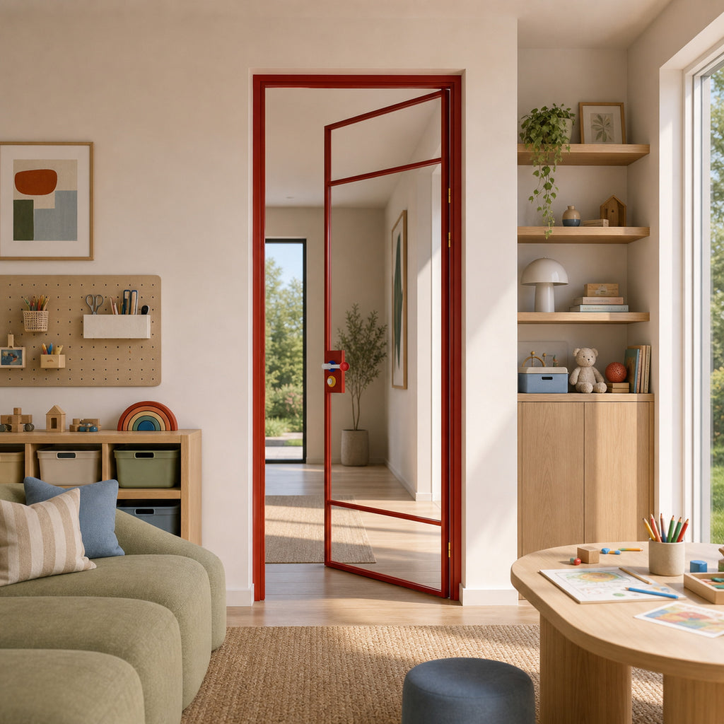 Red Minimalist Full-Glass Interior Door with Transom