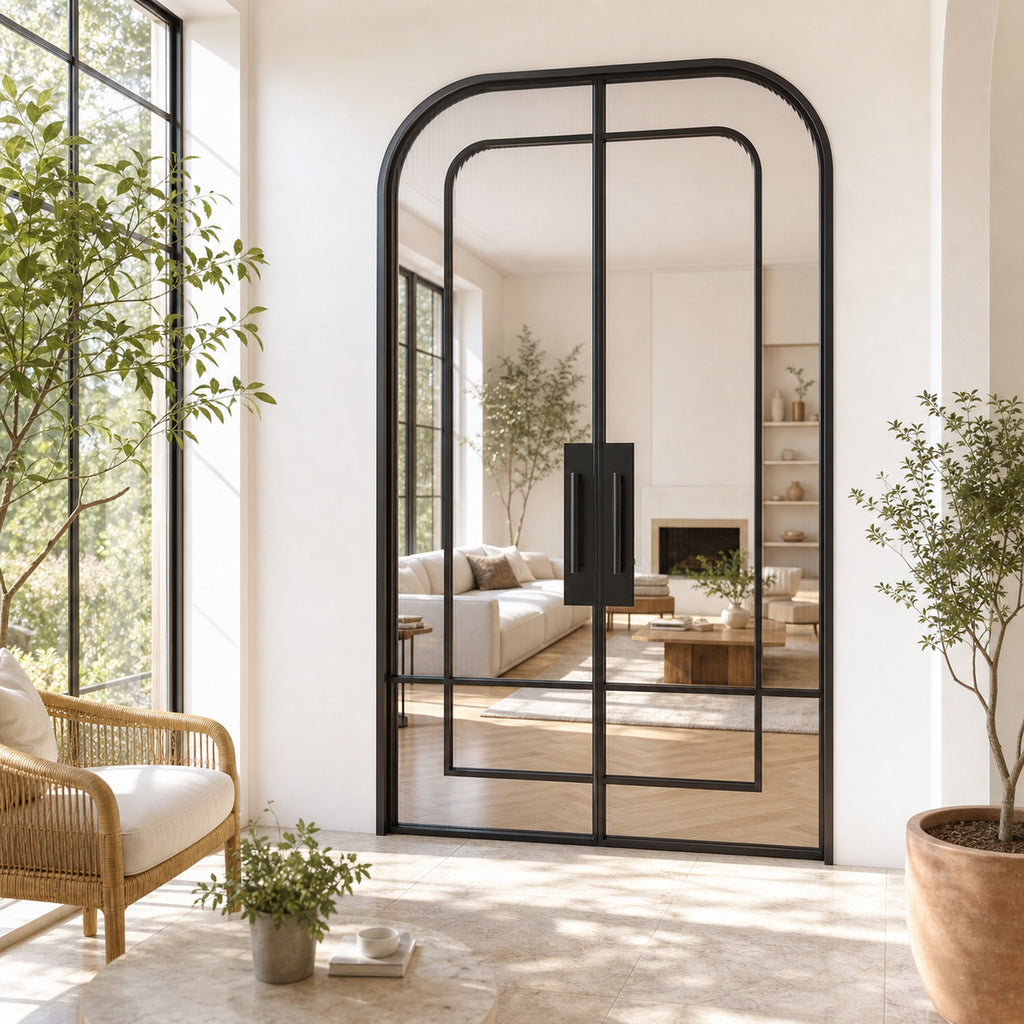 Black Layered-Arch Reeded Glass Double Door