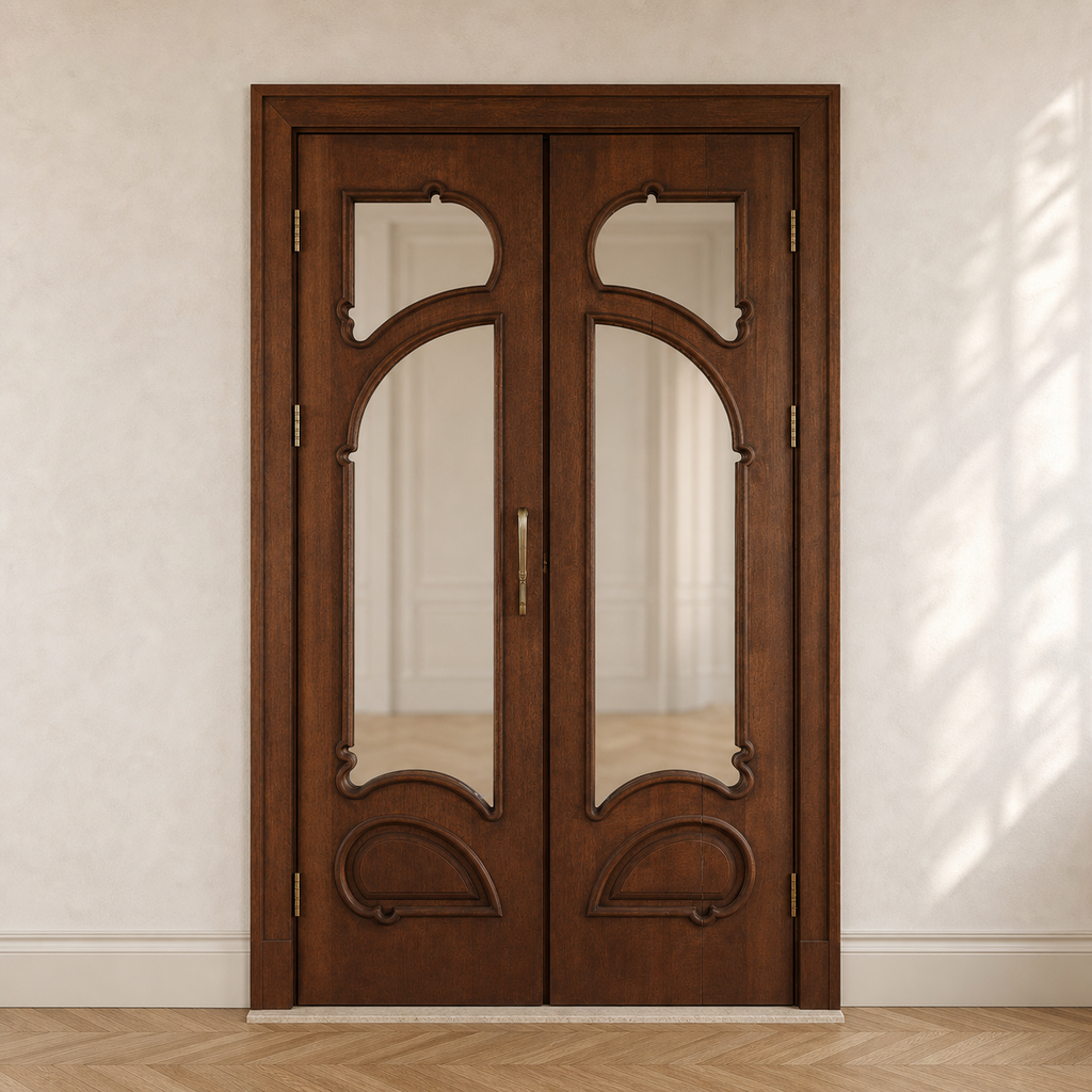 Gaudí-Inspired Sculpted Wood Glass Double Door