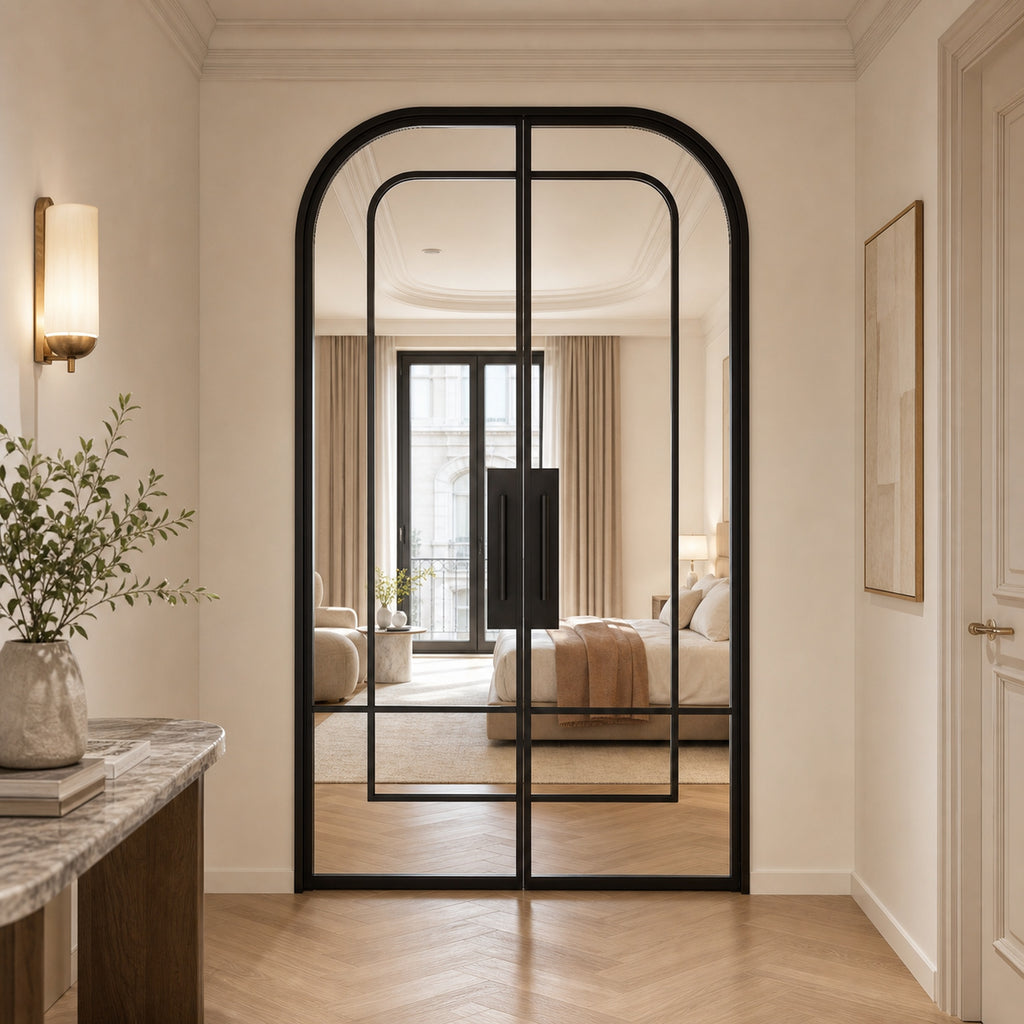 Black Layered-Arch Reeded Glass Double Door