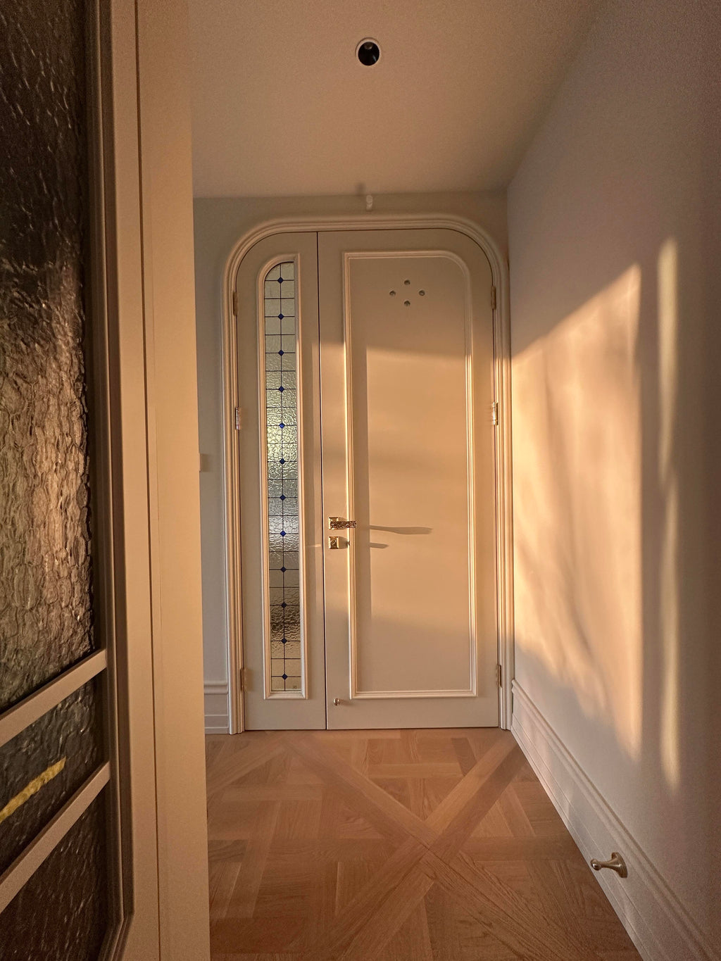 Arched Lacquered French Door with Lead Glass Sidelight