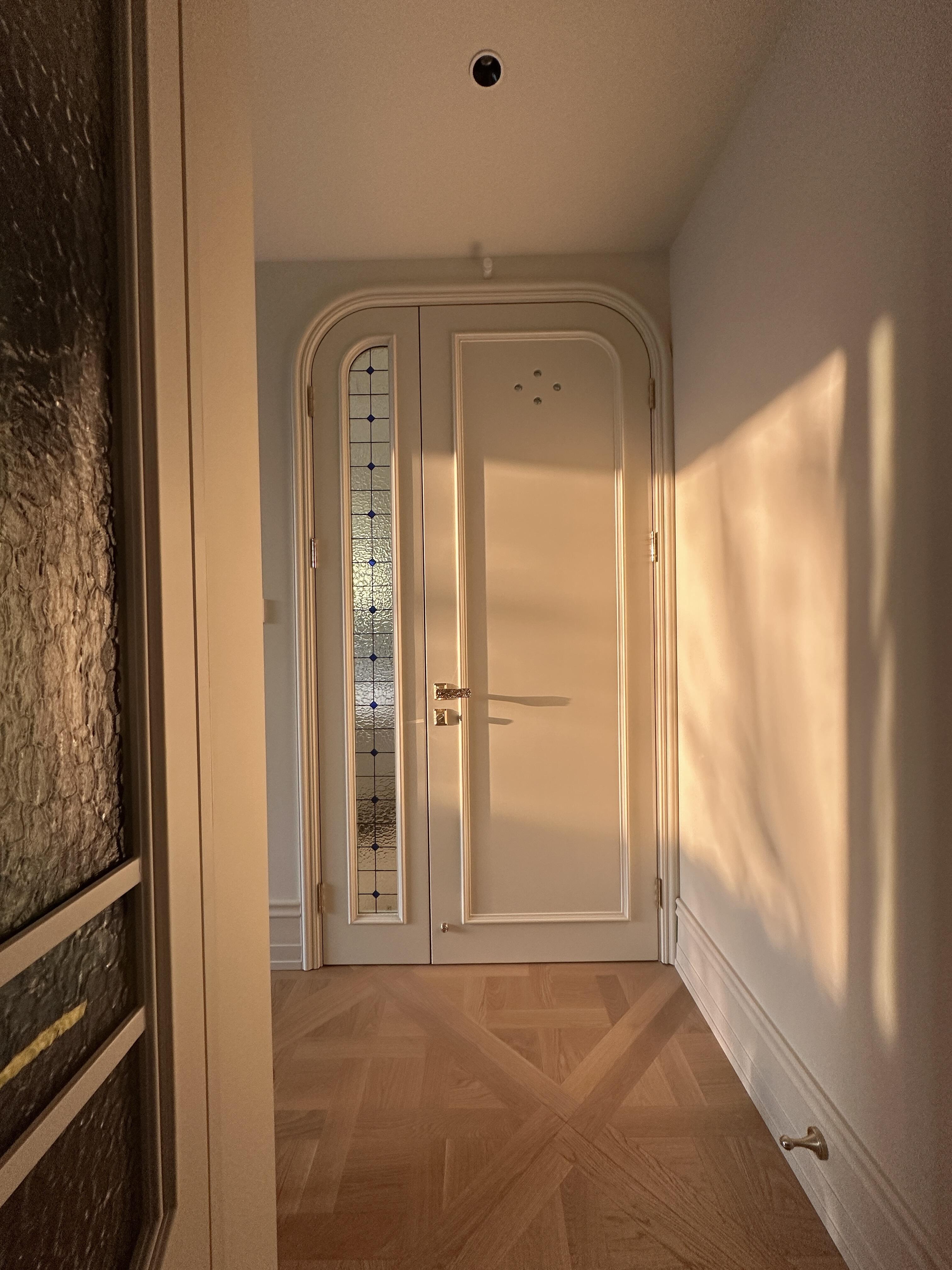 Arched Lacquered French Door with Lead Glass Sidelight