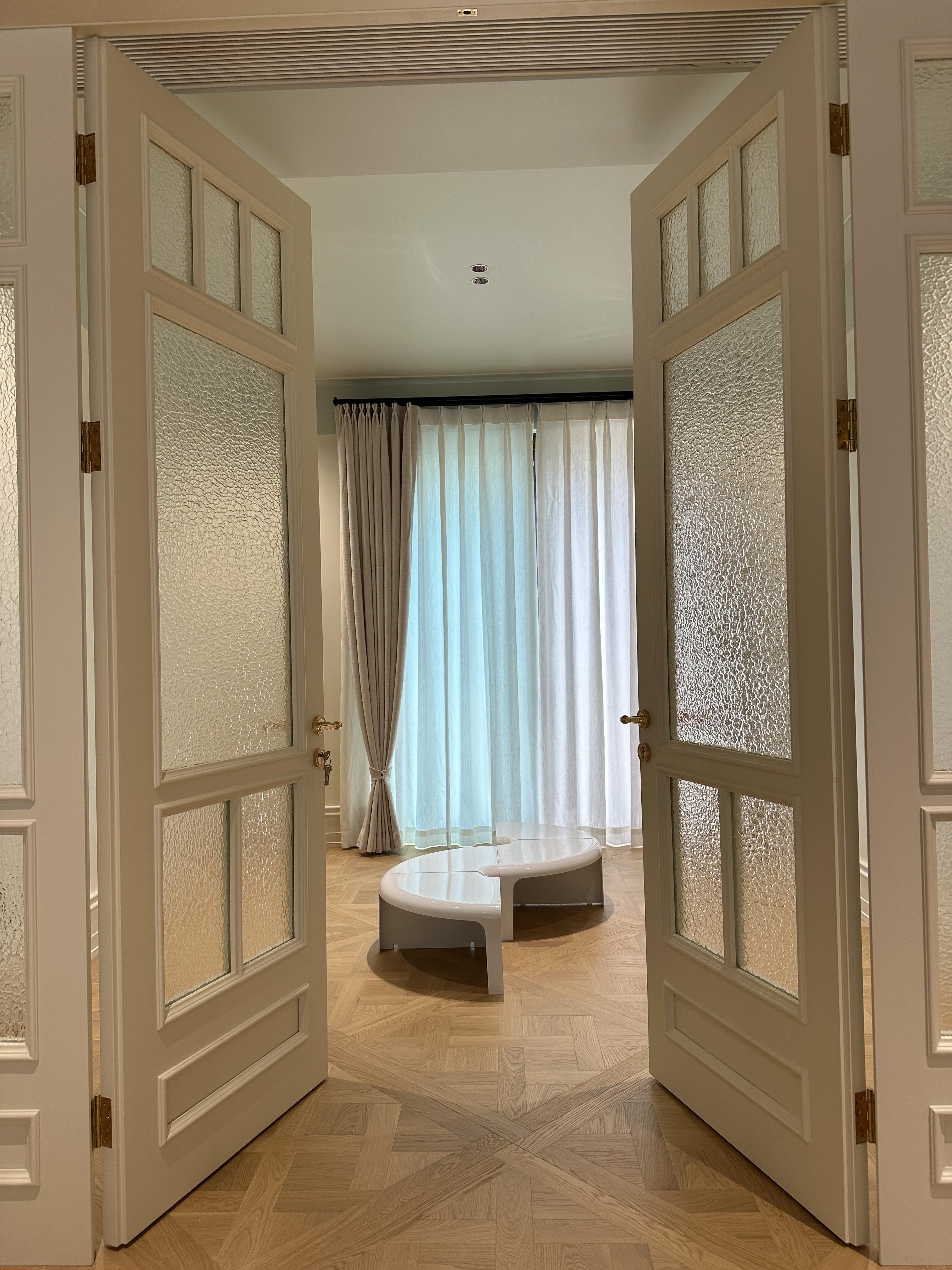 French Panel Double Door | Hammered Glass & Lacquered Frame