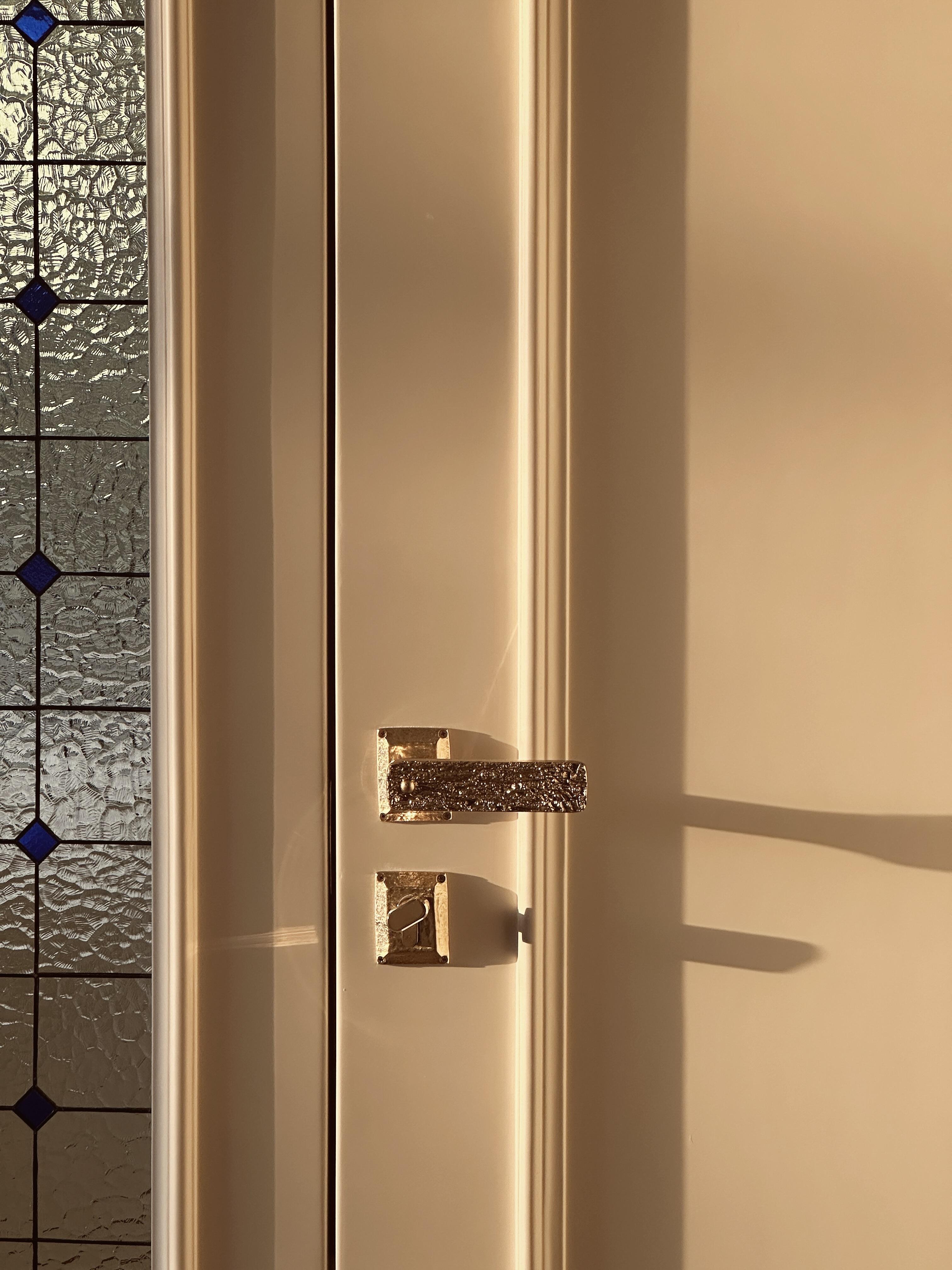 Arched Lacquered French Door with Lead Glass Sidelight
