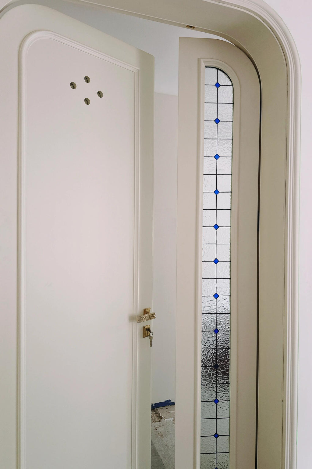Arched Lacquered French Door with Lead Glass Sidelight