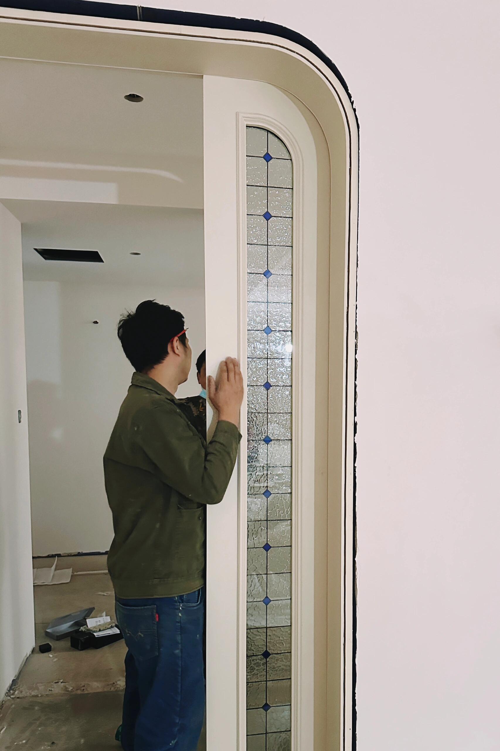 Arched Lacquered French Door with Lead Glass Sidelight