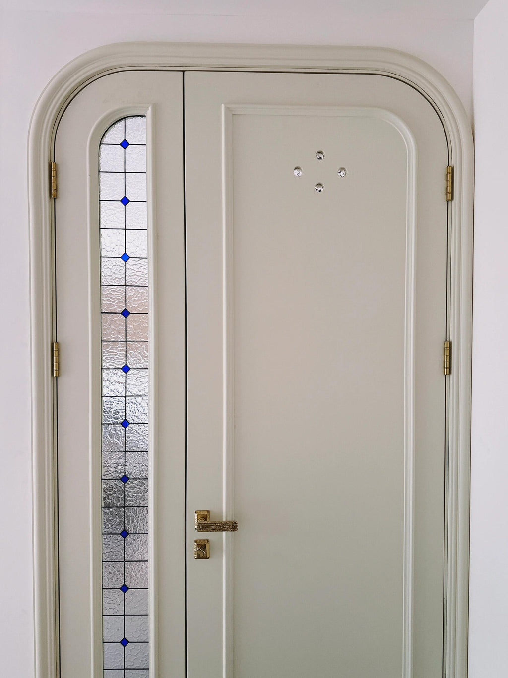 Arched Lacquered French Door with Lead Glass Sidelight