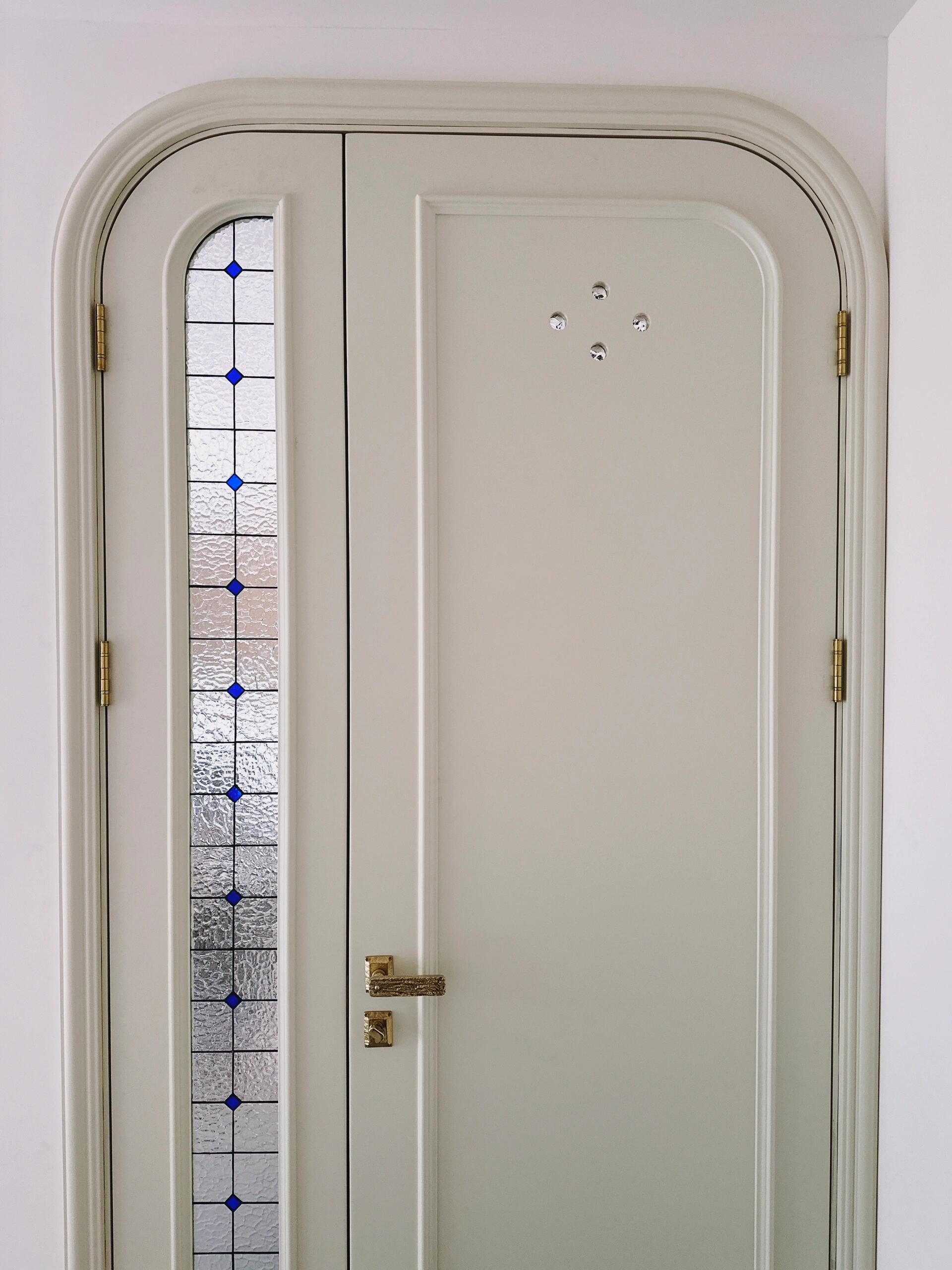 Arched Lacquered French Door with Lead Glass Sidelight