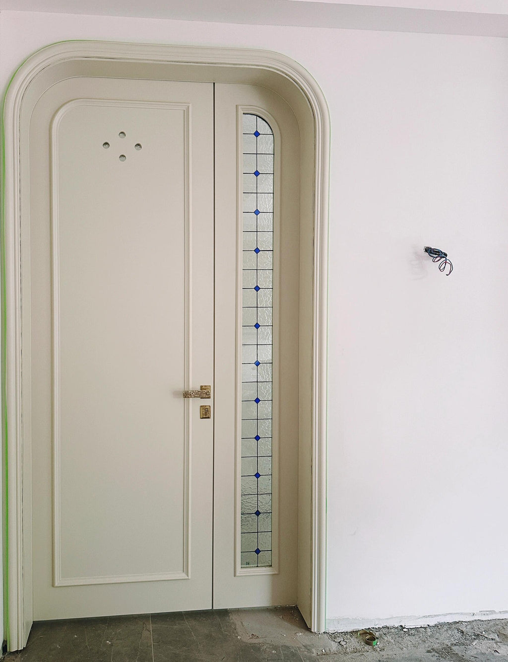 Arched Lacquered French Door with Lead Glass Sidelight