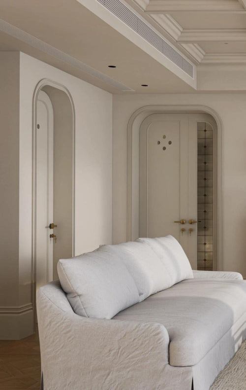 Arched Lacquered French Door with Lead Glass Sidelight