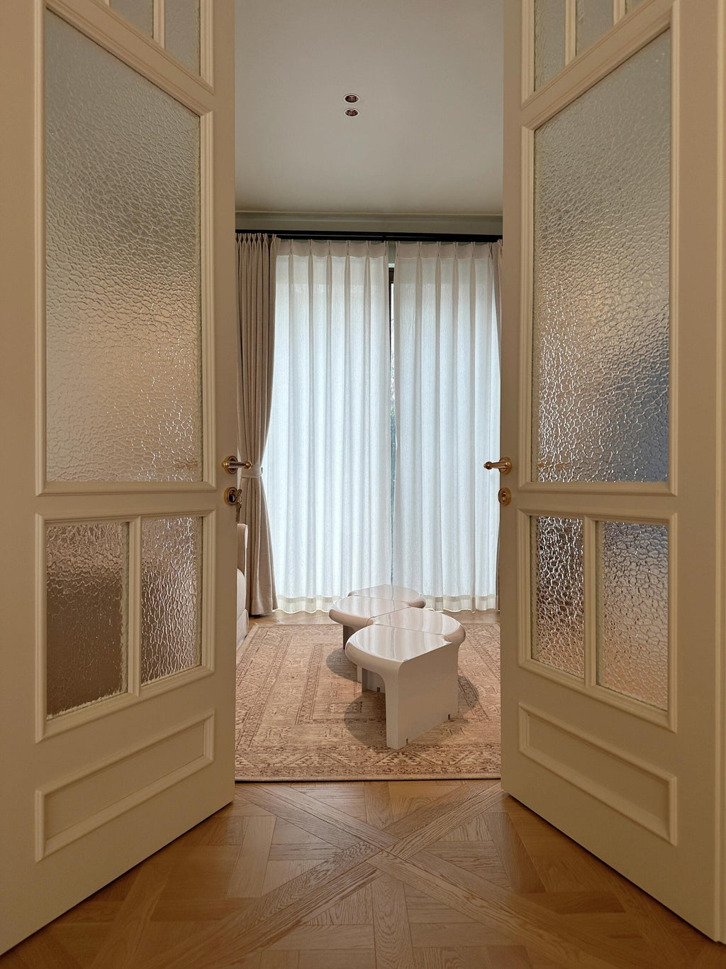French Panel Double Door | Hammered Glass & Lacquered Frame