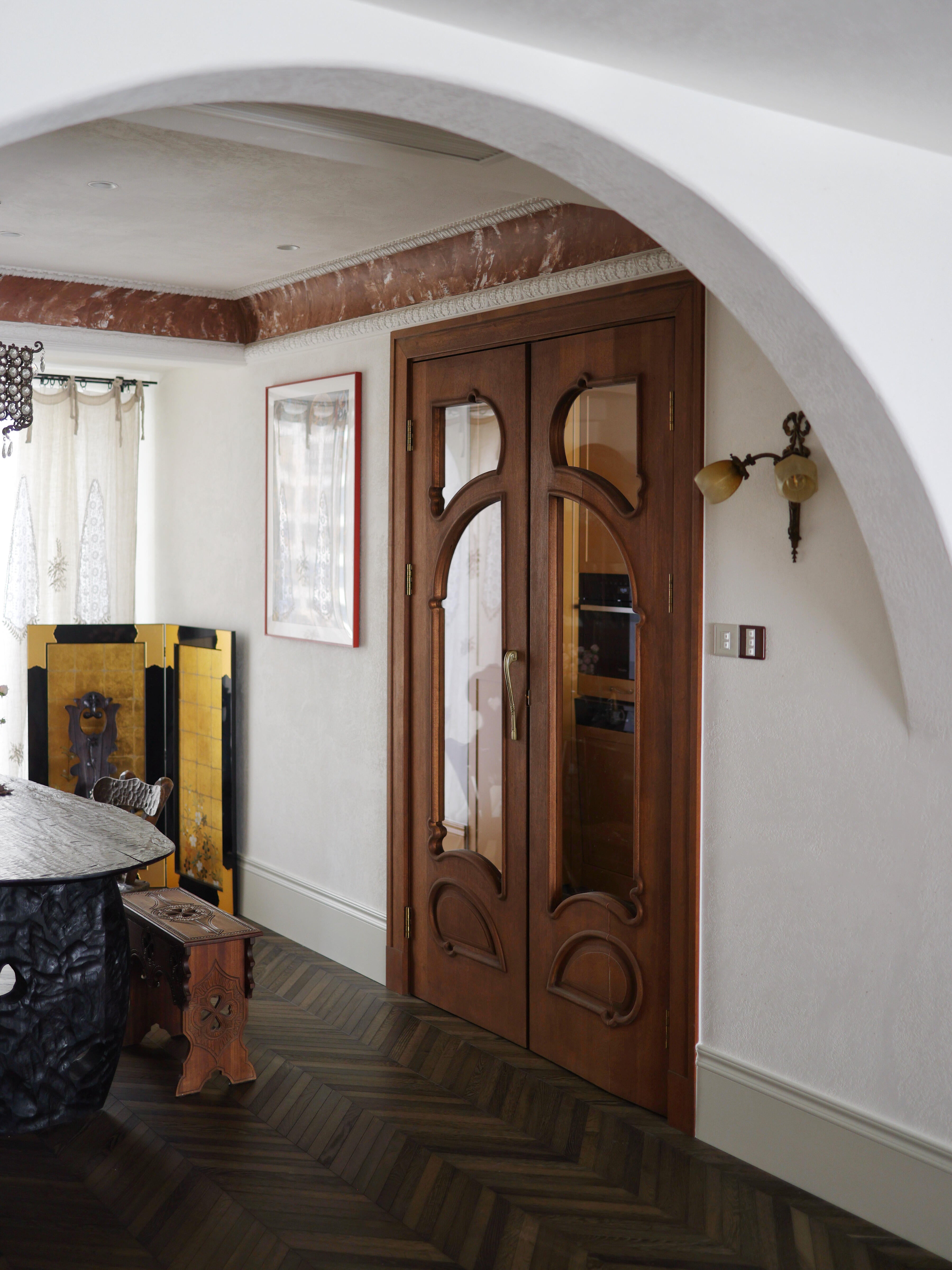 Gaudí-Inspired Sculpted Wood Glass Double Door