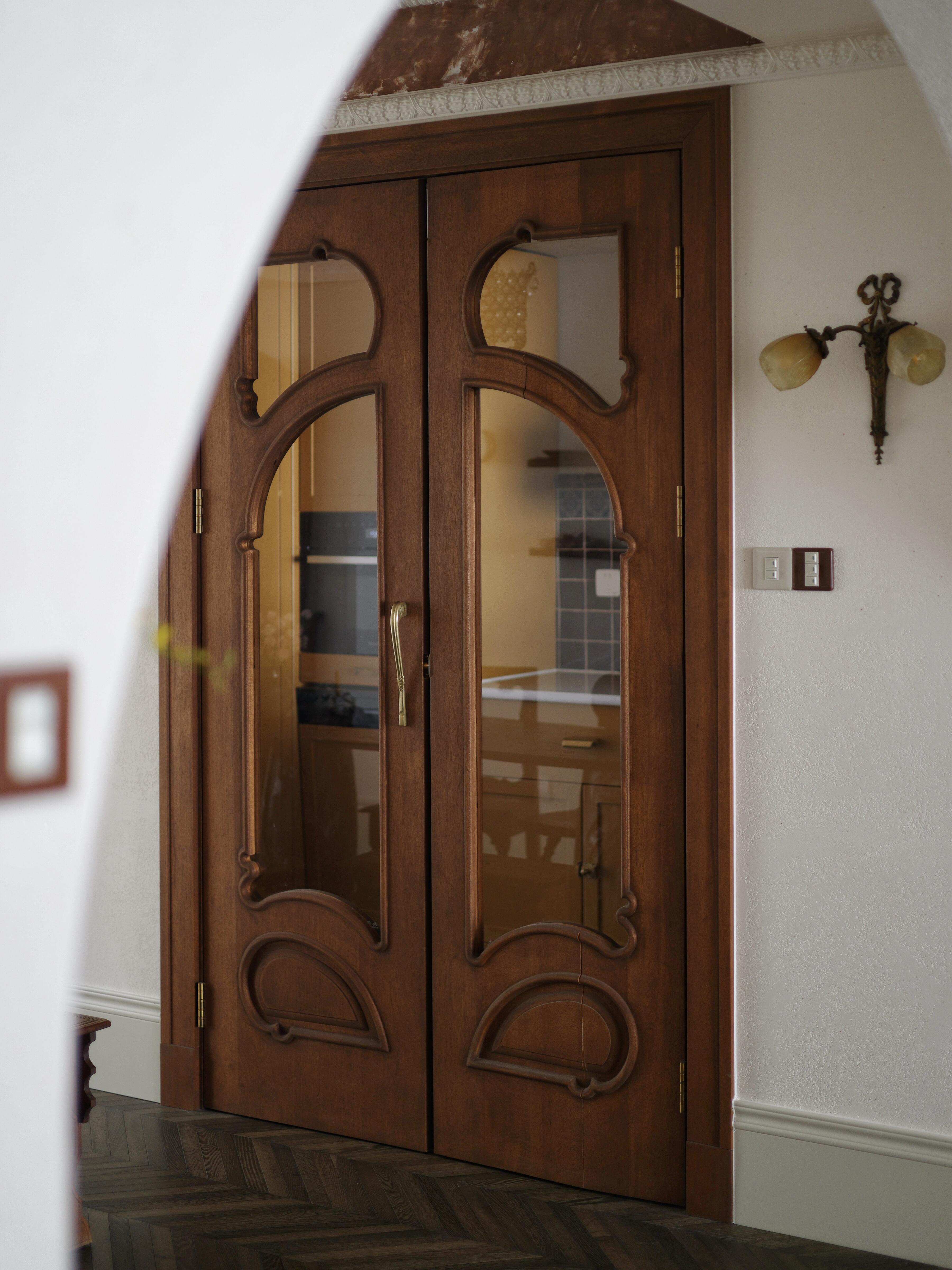 Gaudí-Inspired Sculpted Wood Glass Double Door