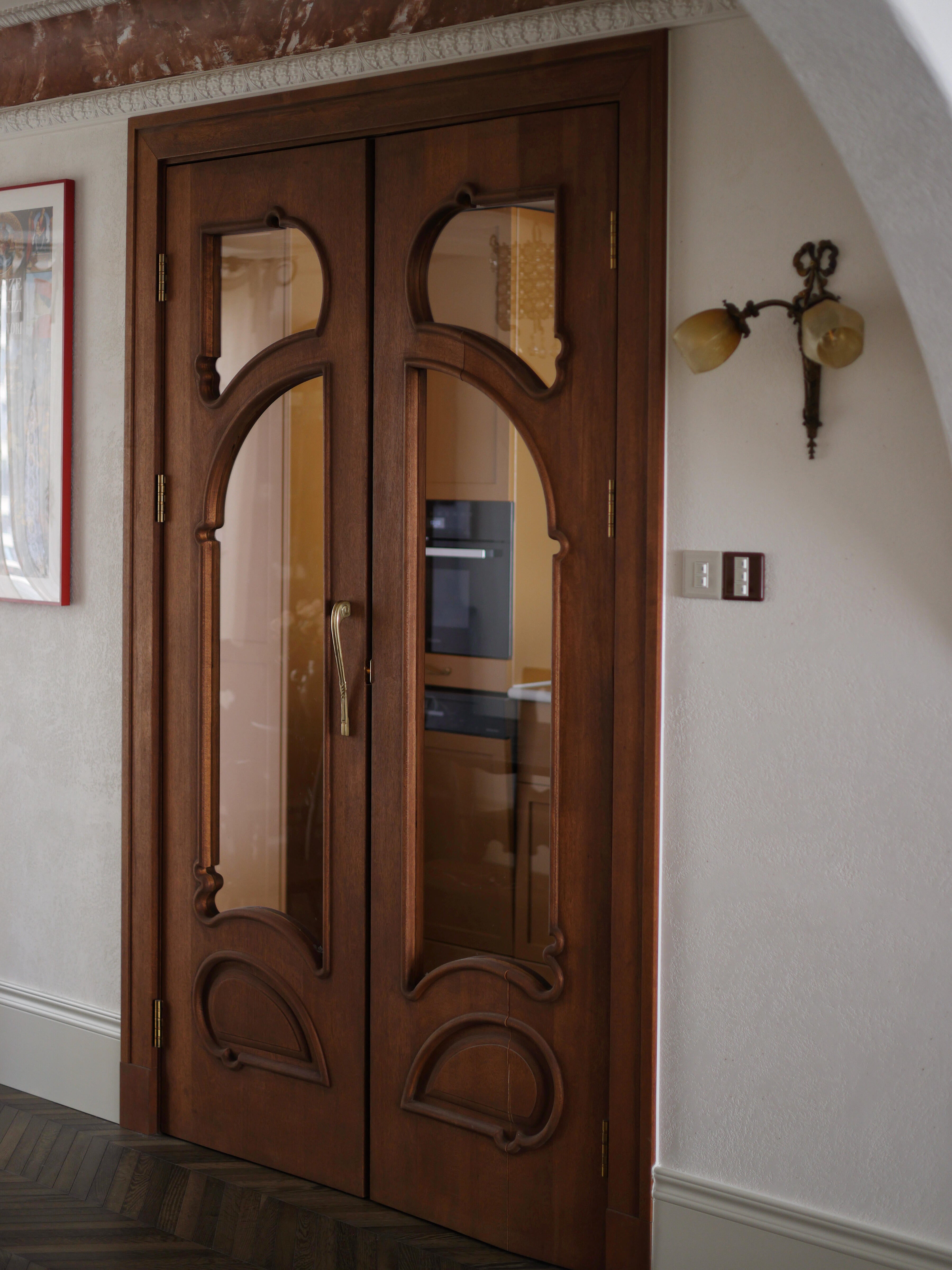 Gaudí-Inspired Sculpted Wood Glass Double Door