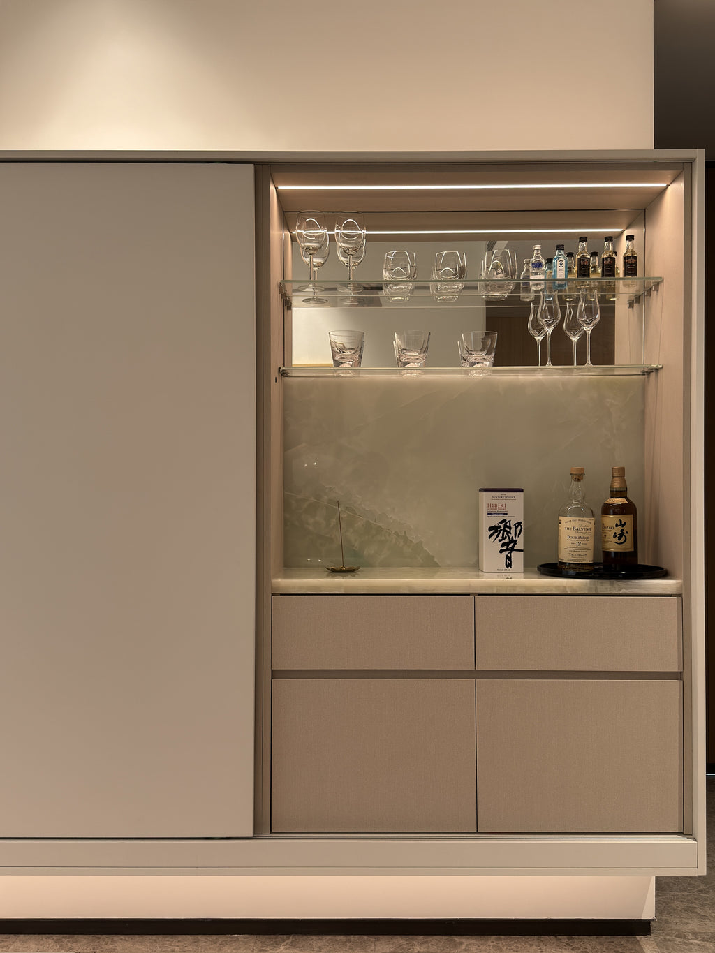 Custom Lacquered Storage Wall with Open Display Niche