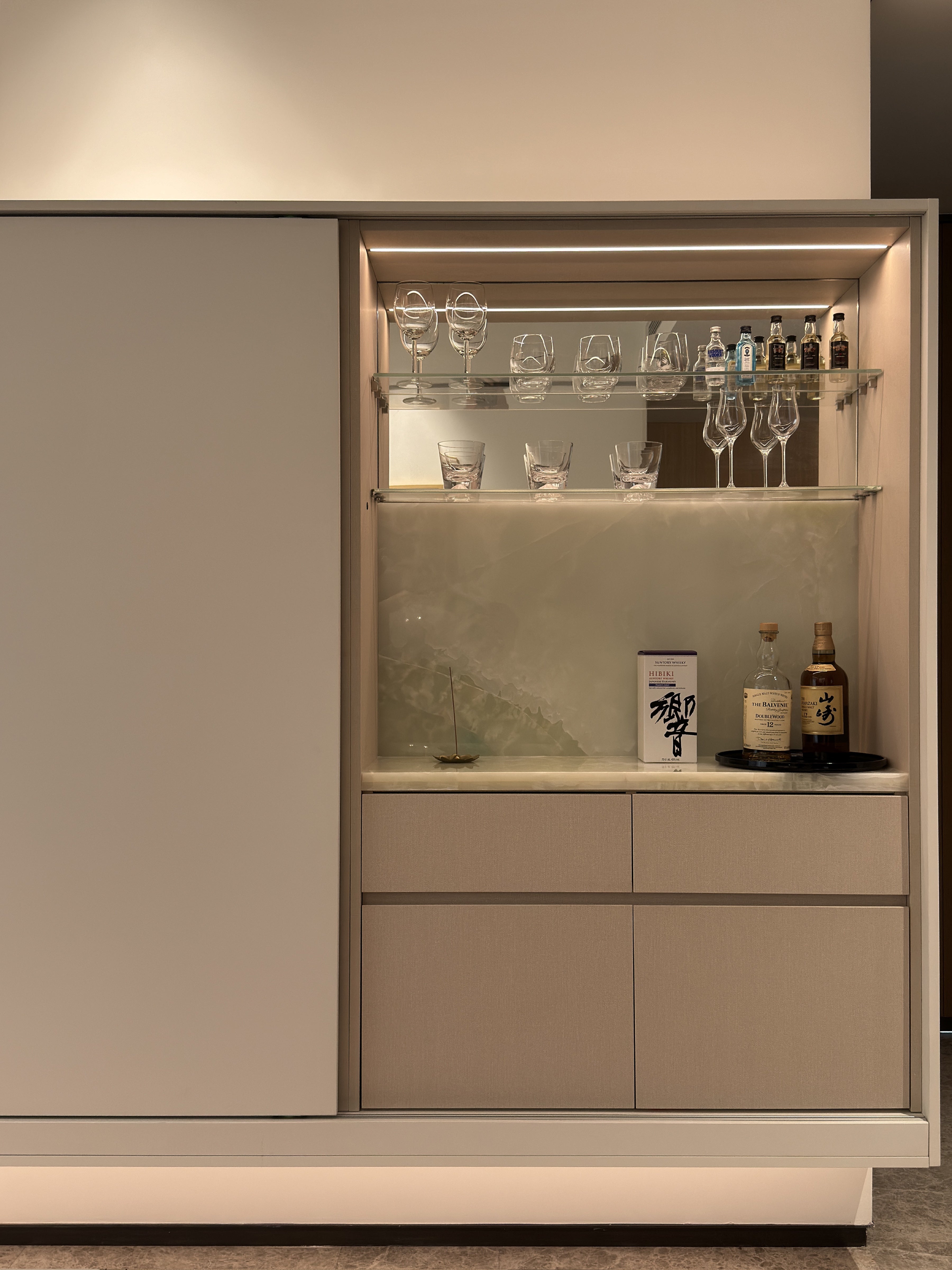 Custom Lacquered Storage Wall with Open Display Niche