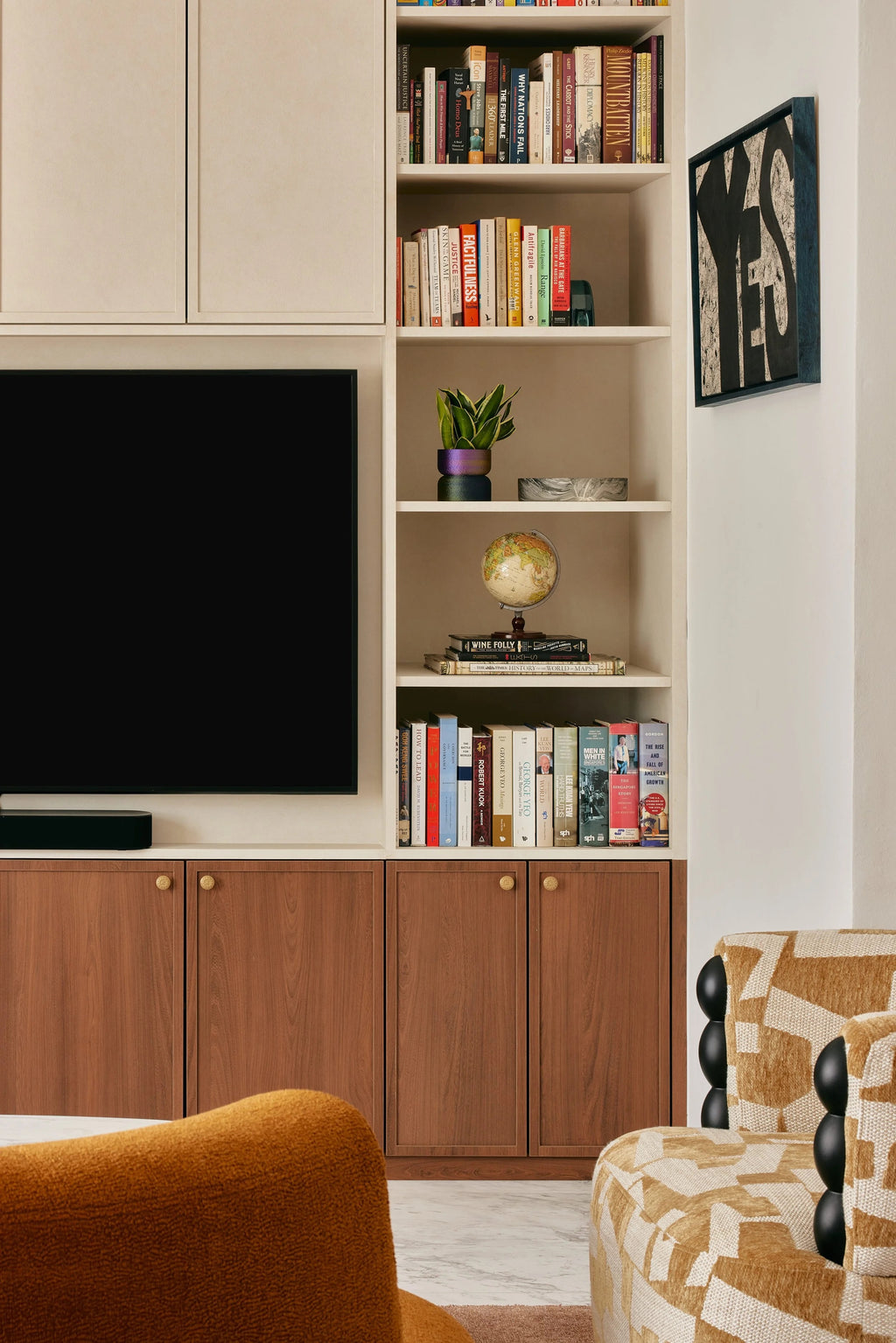 Custom Walnut & Lacquered Media Wall with Open Shelving