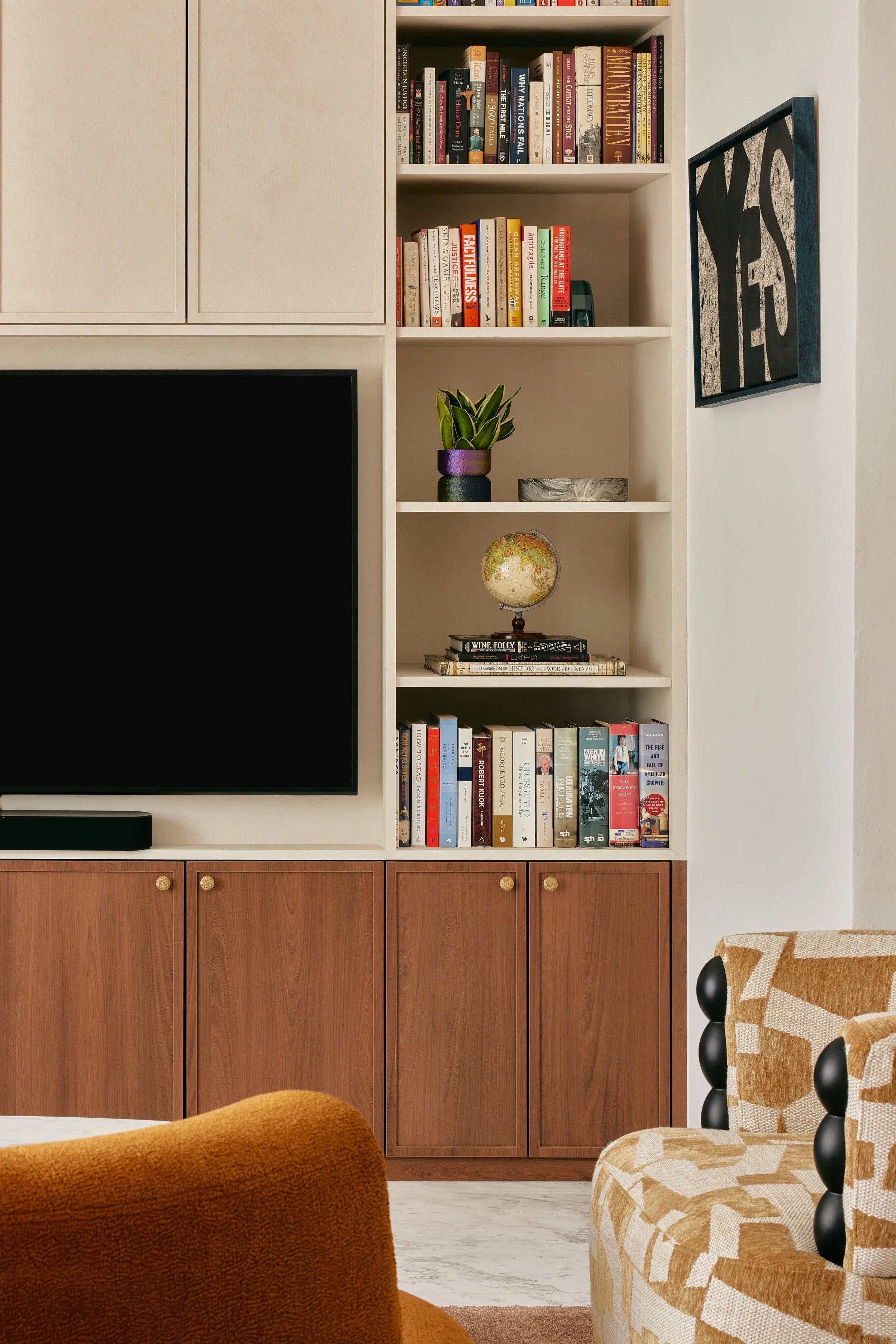 Custom Walnut & Lacquered Media Wall with Open Shelving