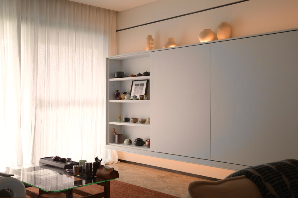 Custom Lacquered Storage Wall with Open Display Niche