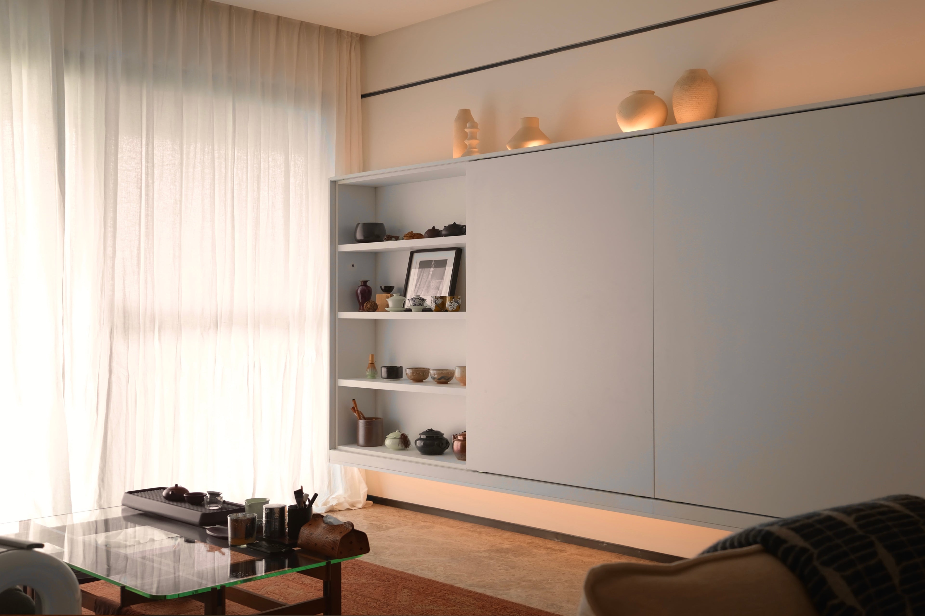 Custom Lacquered Storage Wall with Open Display Niche