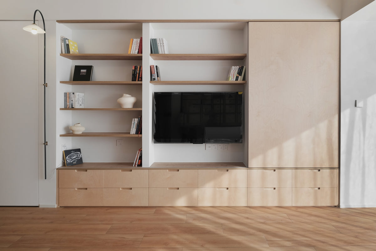 Custom Birch Veneer Wall Storage System with Sliding Panel & Drawers