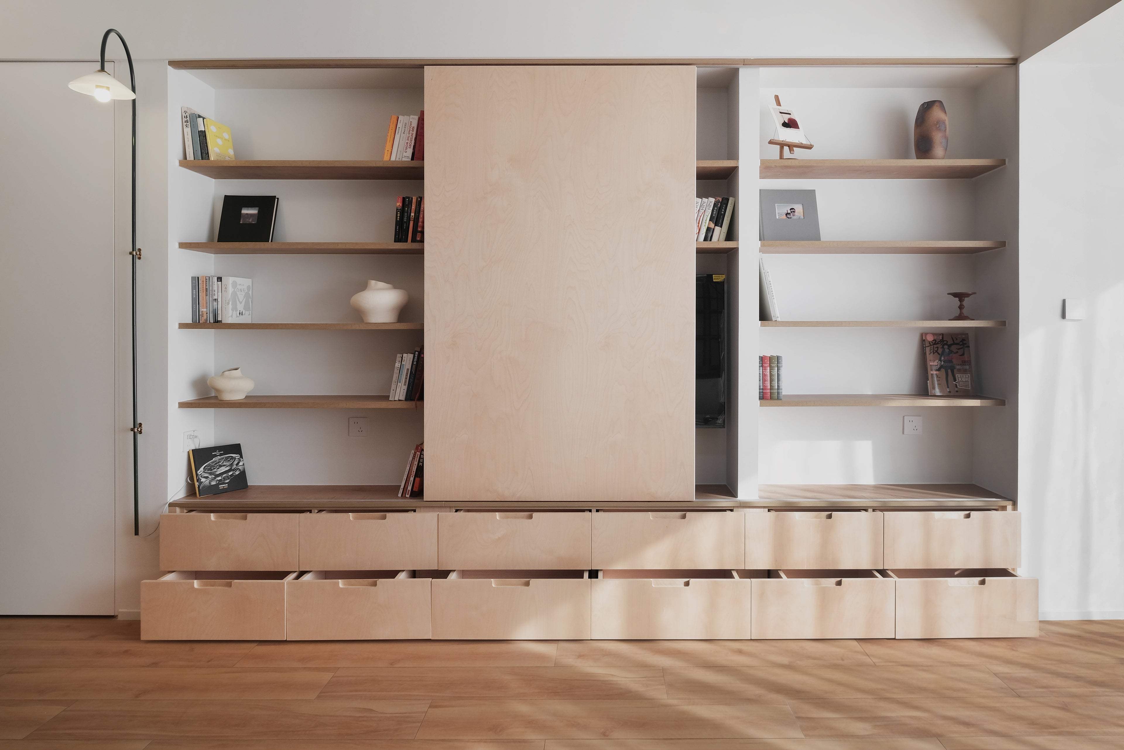 Custom Birch Veneer Wall Storage System with Sliding Panel & Drawers