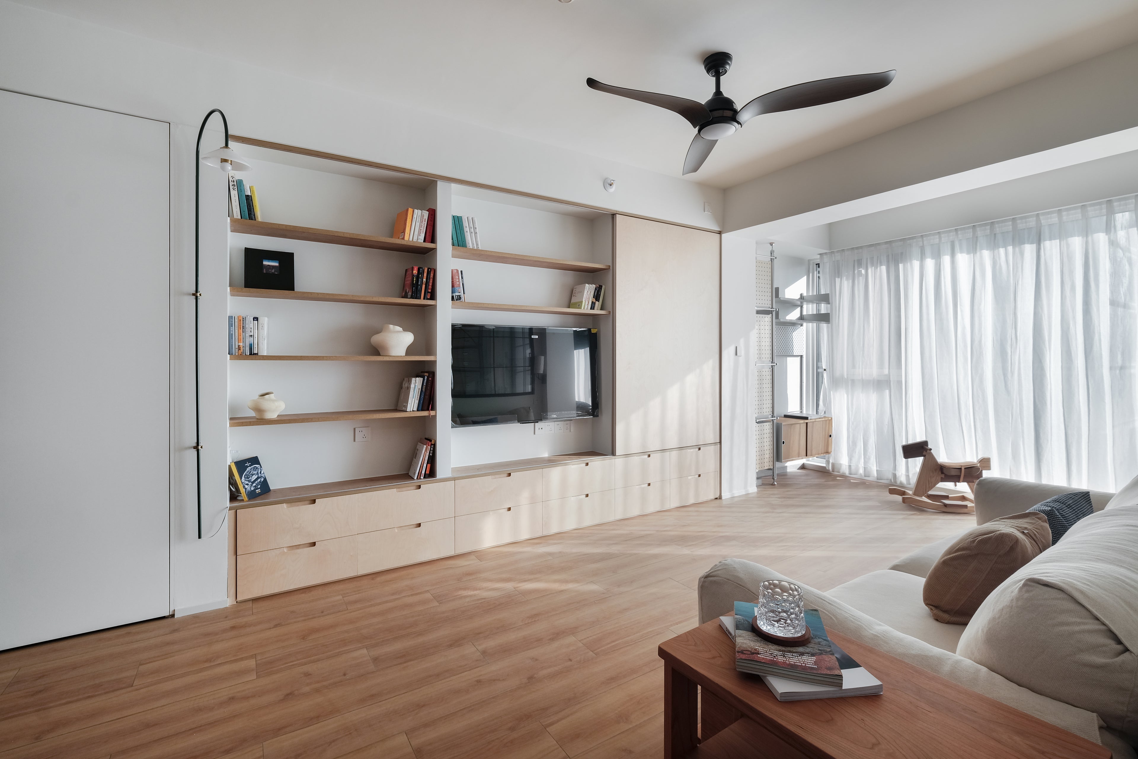 Custom Birch Veneer Wall Storage System with Sliding Panel & Drawers