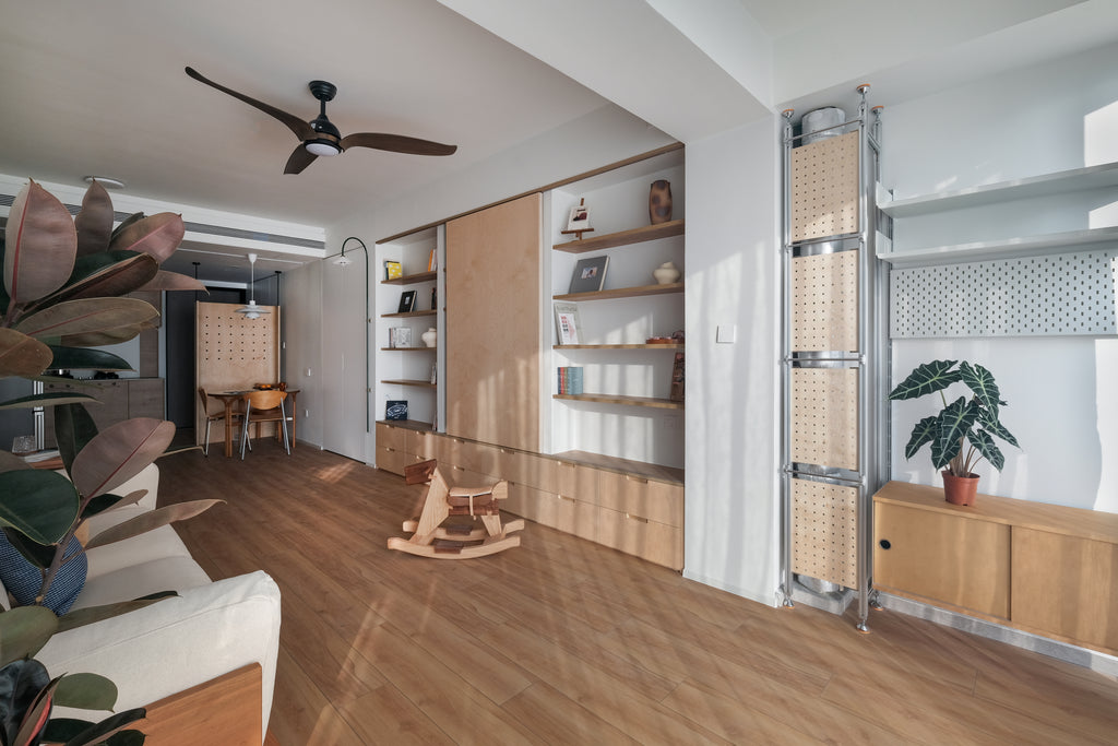 Custom Birch Veneer Wall Storage System with Sliding Panel & Drawers