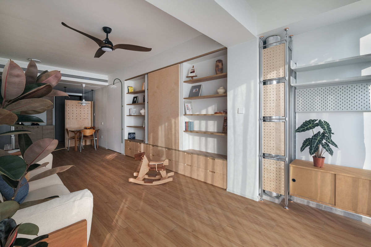 Custom Birch Veneer Wall Storage System with Sliding Panel & Drawers