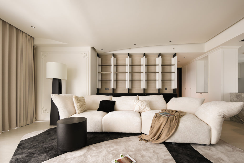 Custom Illuminated Sculptural Shelving Wall with Louvered Base Cabinet