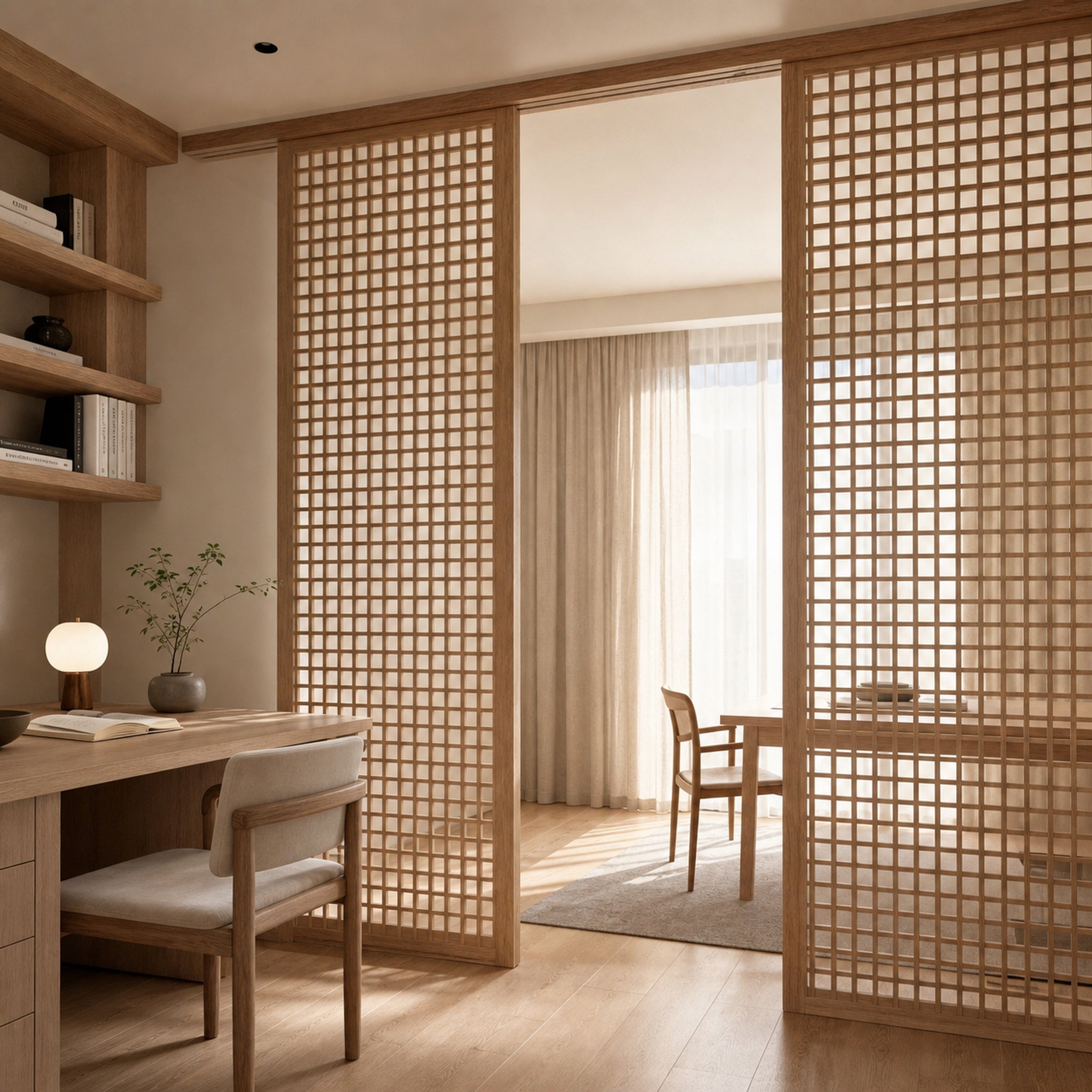 Japanese Wood Lattice Sliding Room Divider