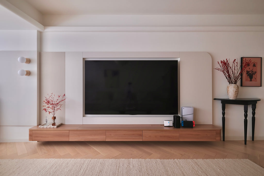 Custom Lacquered Media Wall with Floating Wood Console