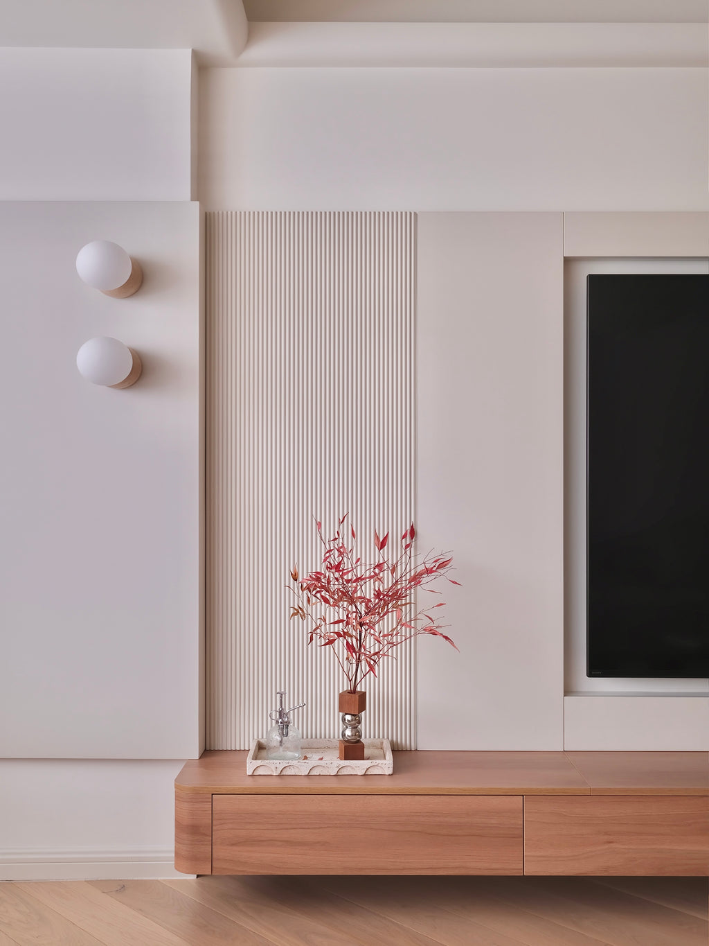 Custom Lacquered Media Wall with Floating Wood Console