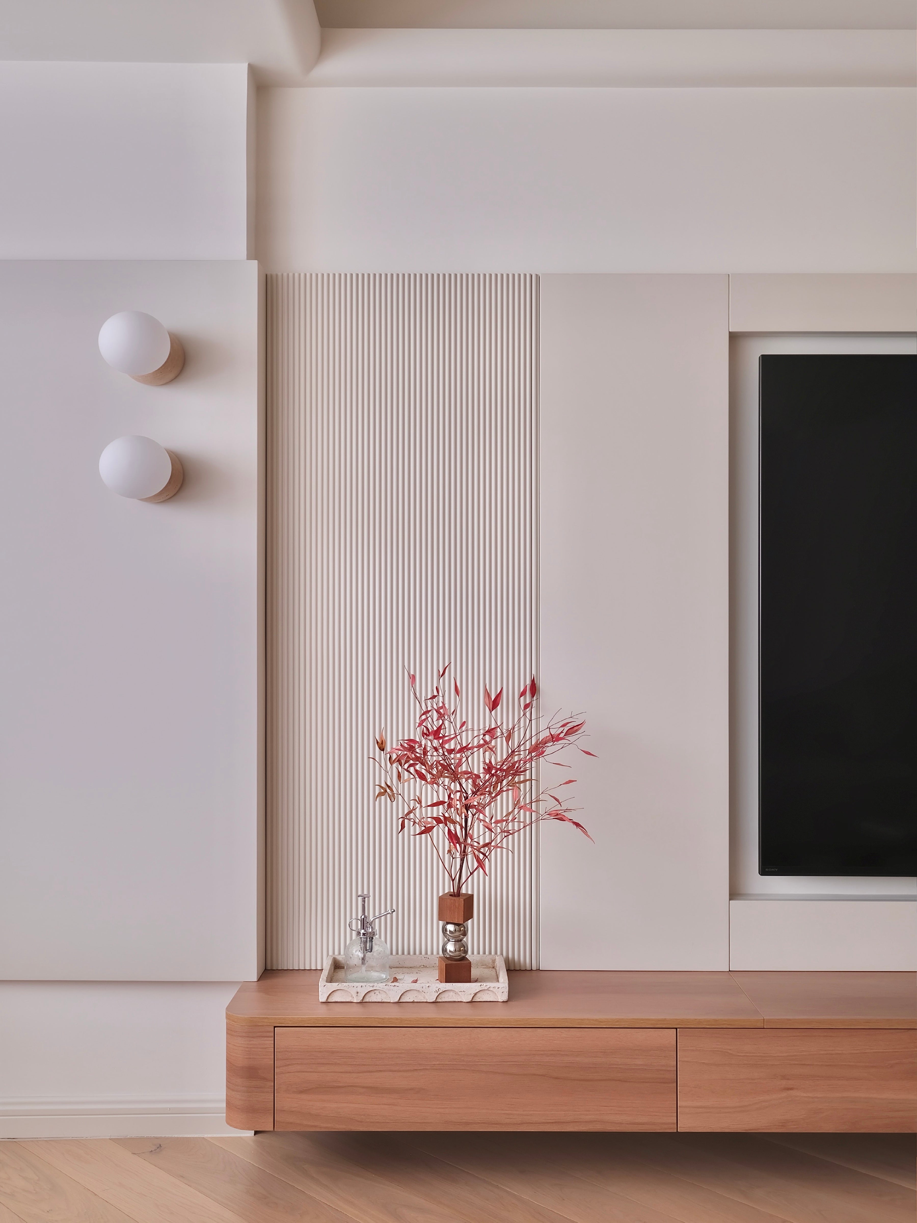 Custom Lacquered Media Wall with Floating Wood Console
