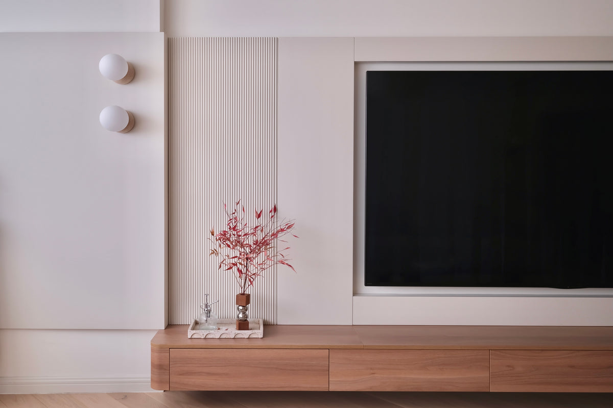 Custom Lacquered Media Wall with Floating Wood Console