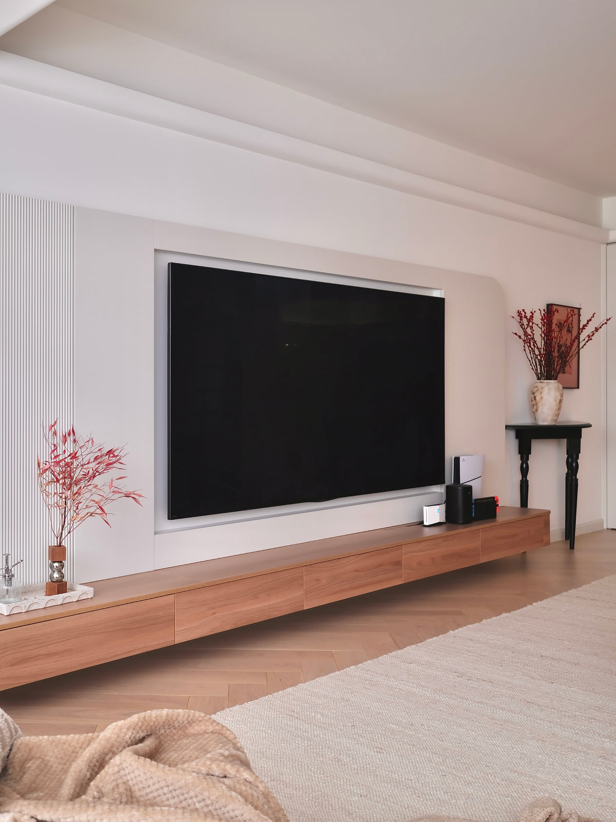 Custom Lacquered Media Wall with Floating Wood Console