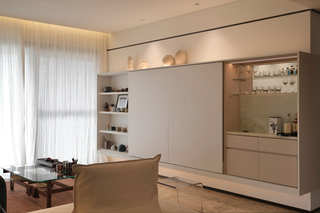 Custom Lacquered Storage Wall with Open Display Niche