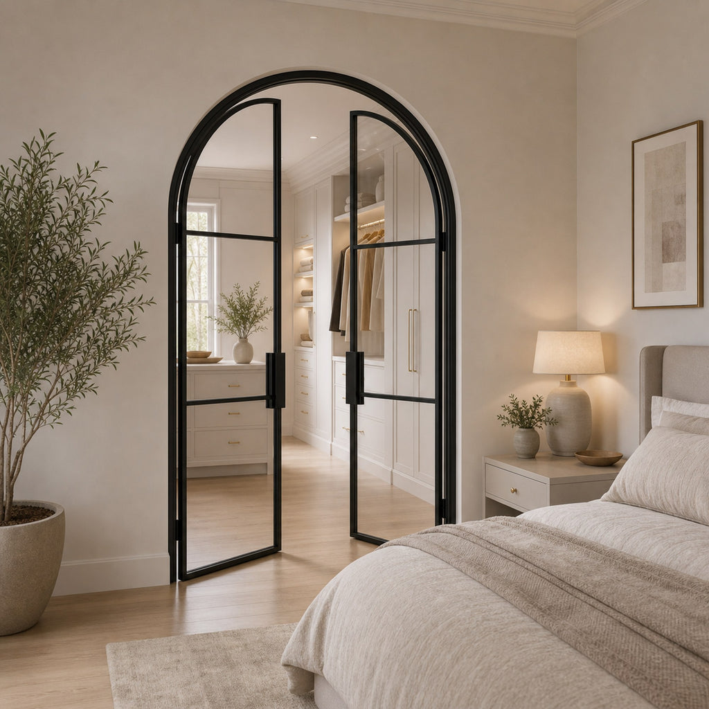 Black Arched Clear Glass Double Door