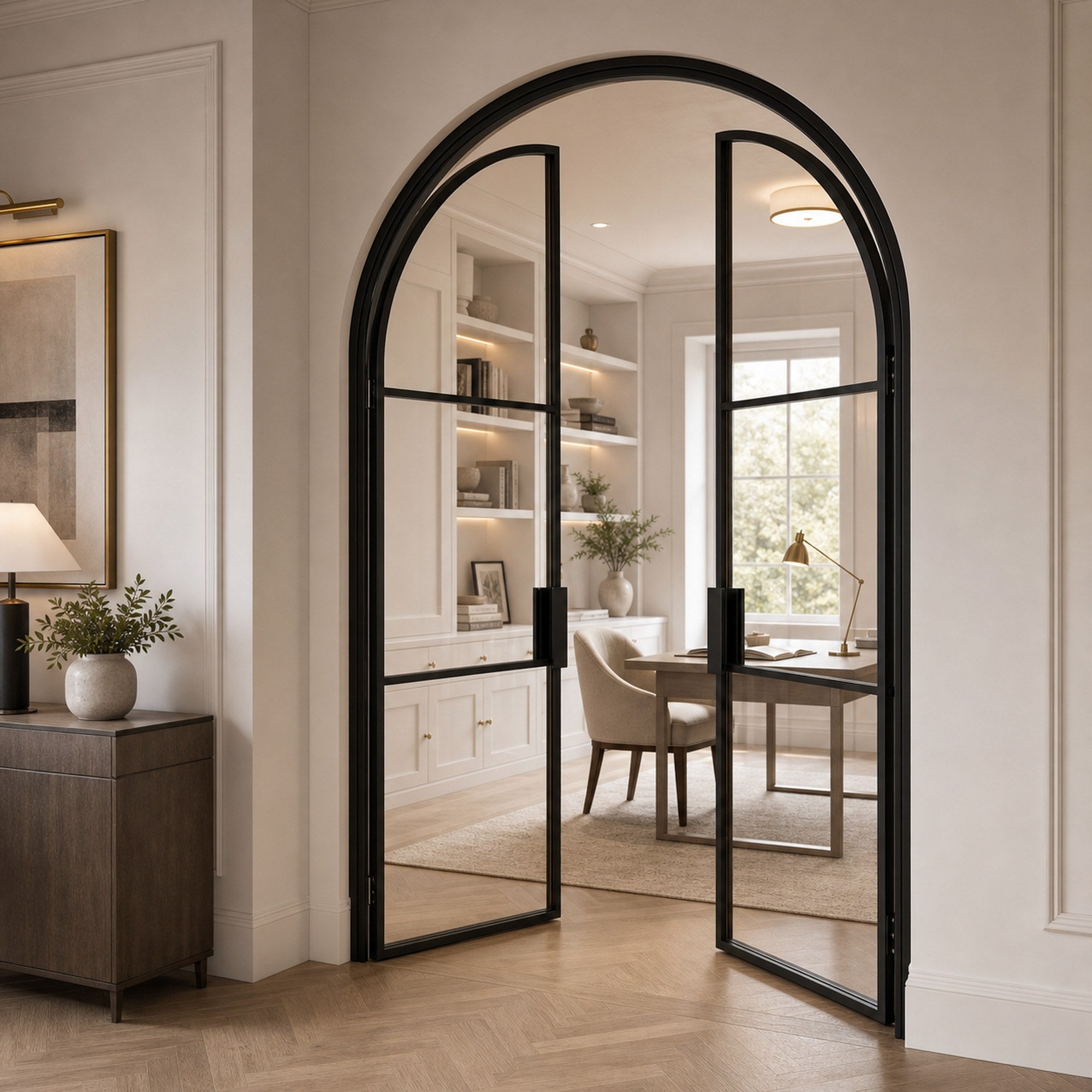 Black Arched Clear Glass Double Door