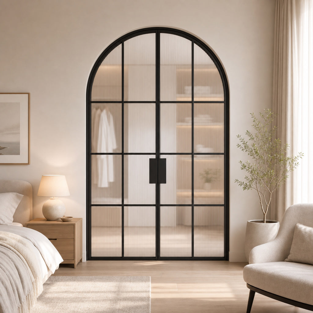 Black Arched Reeded Glass Double Door