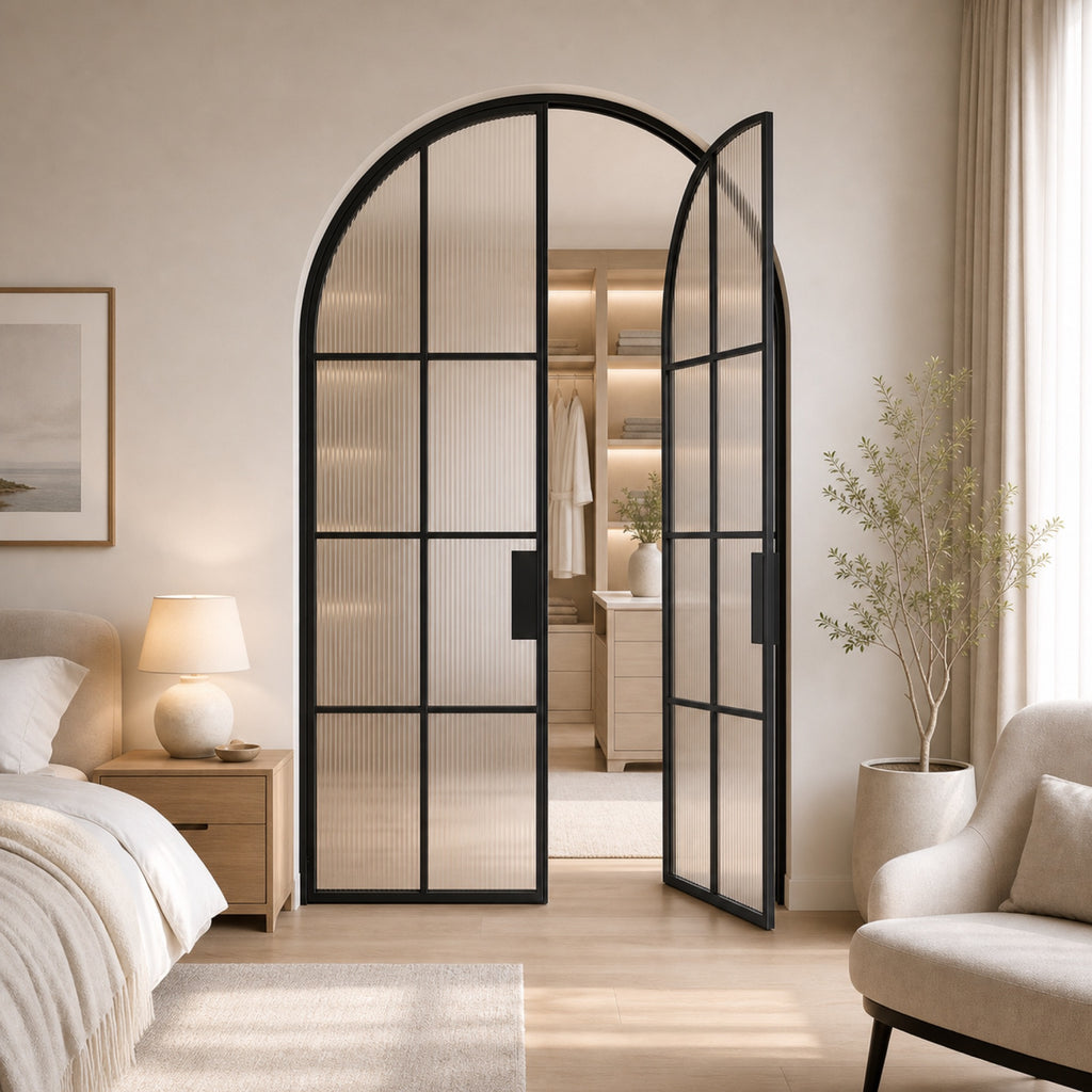 Black Arched Reeded Glass Double Door