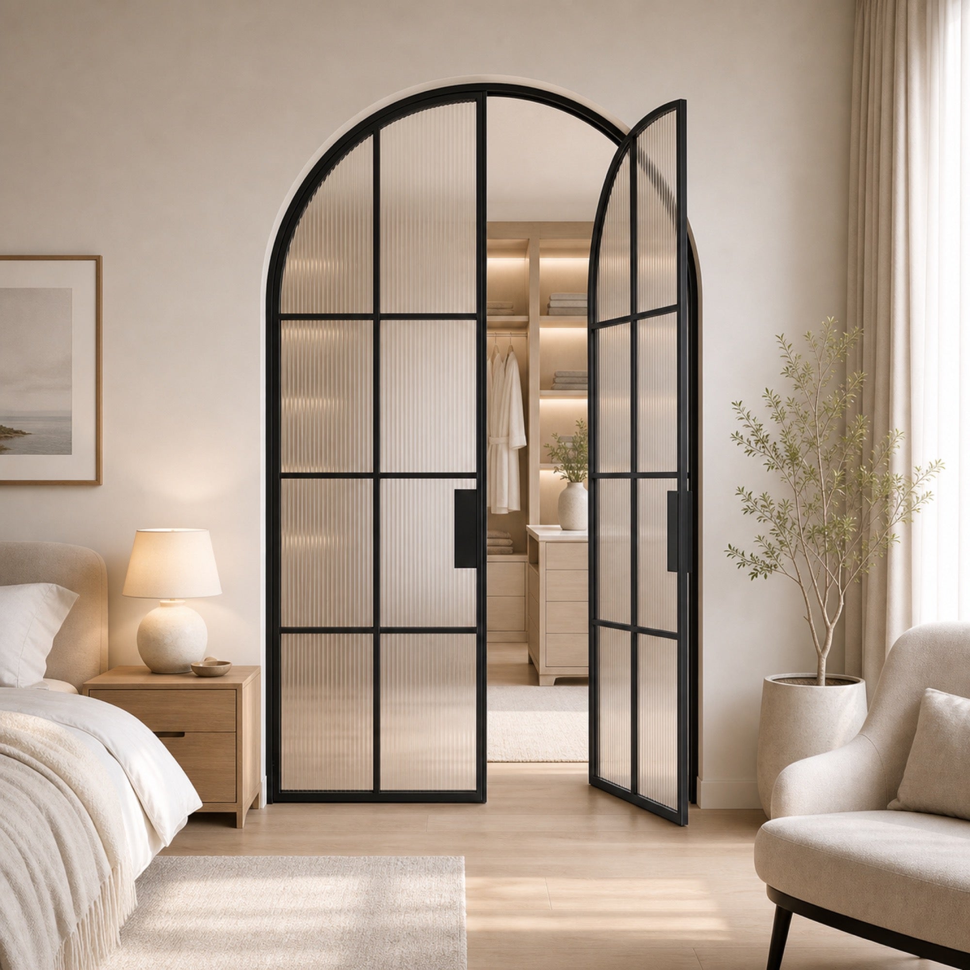 Black Arched Reeded Glass Double Door